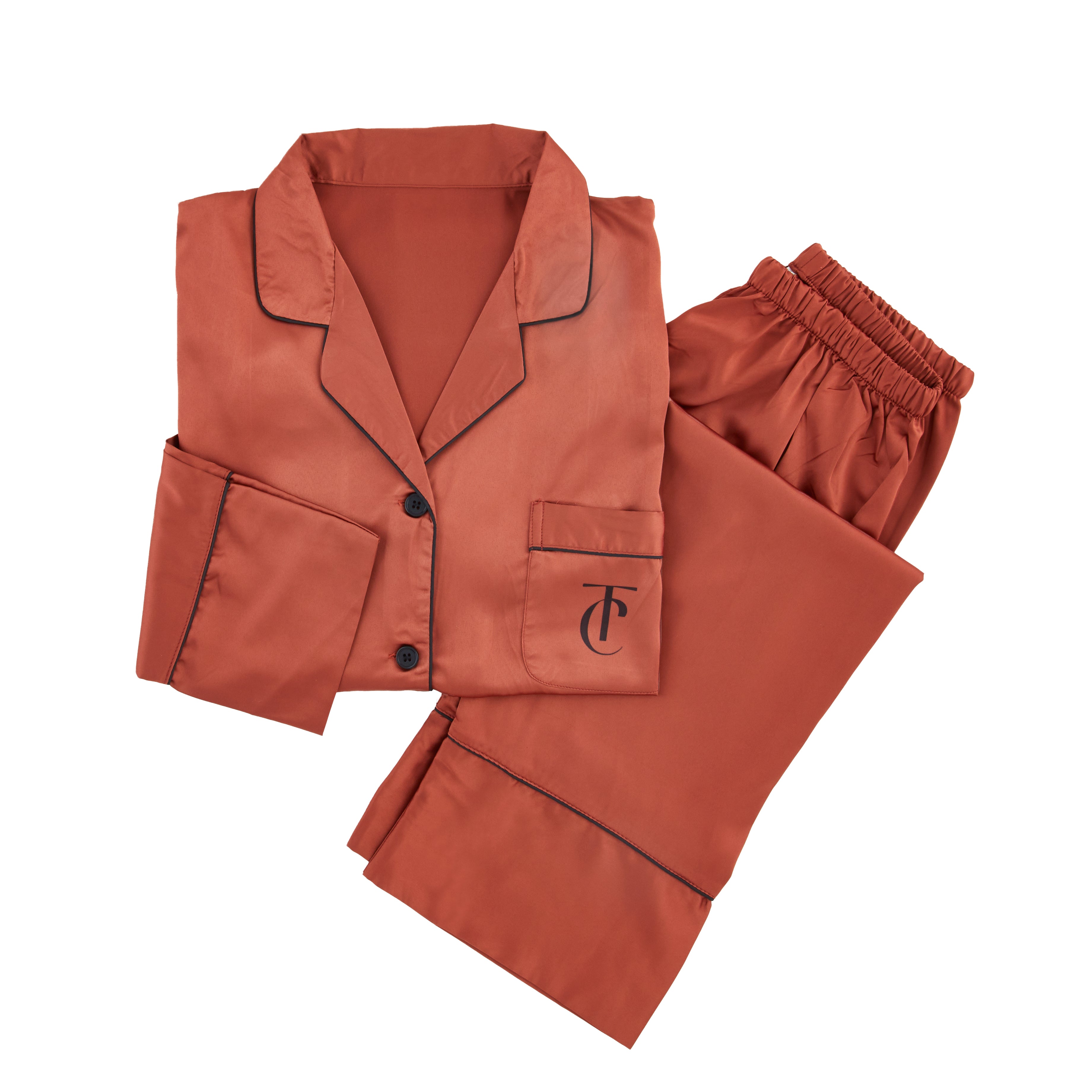 Tsuri Signature Satin Pajamas in Sirocco/Black, luxurious handcrafted set for cozy, elegant nights, made from 100% breathable satin.