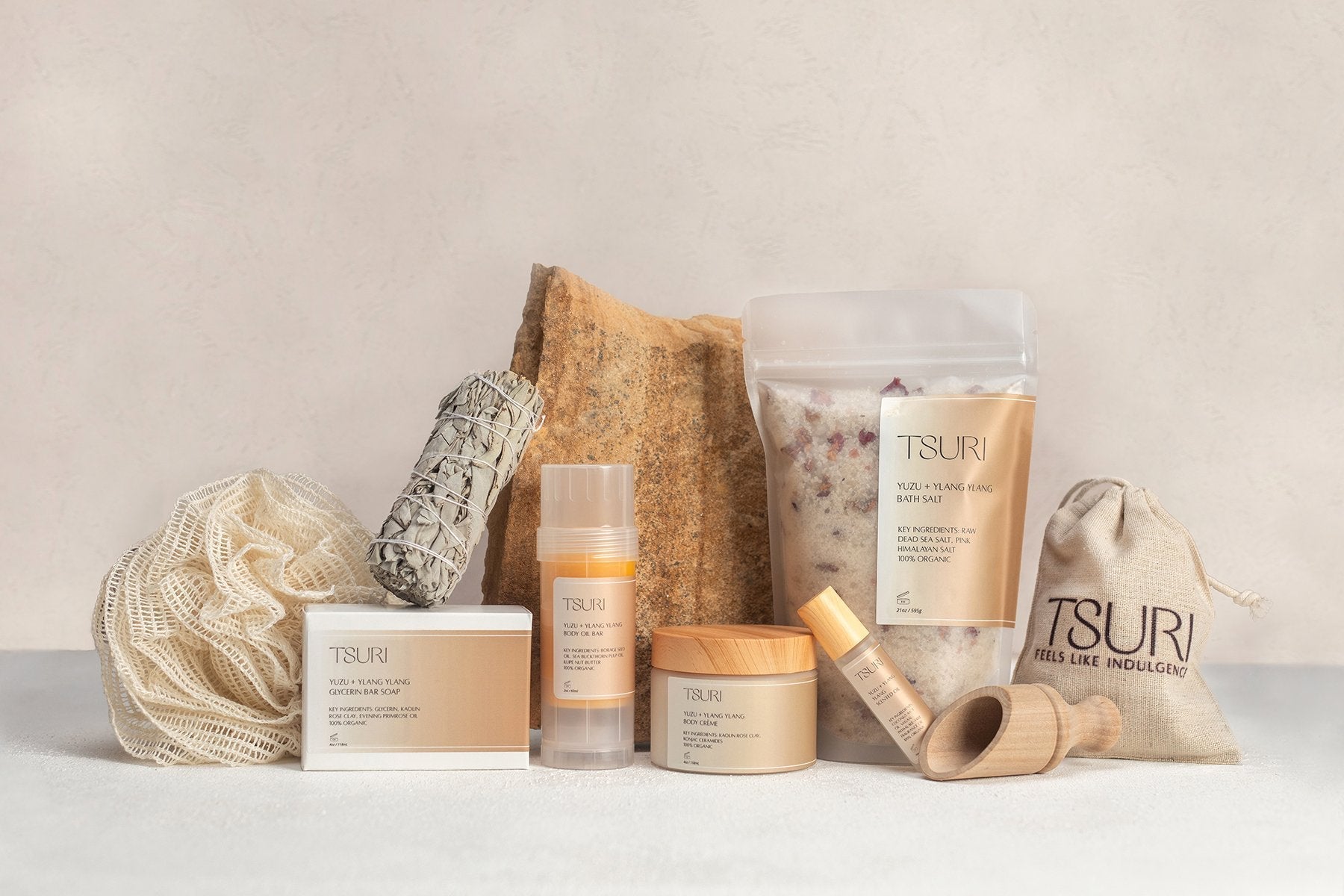 Tsuri Self-Care Ritual Kit with bath salts, oils, soap, and body care for relaxation and wellness; ideal for self-care and gifting.