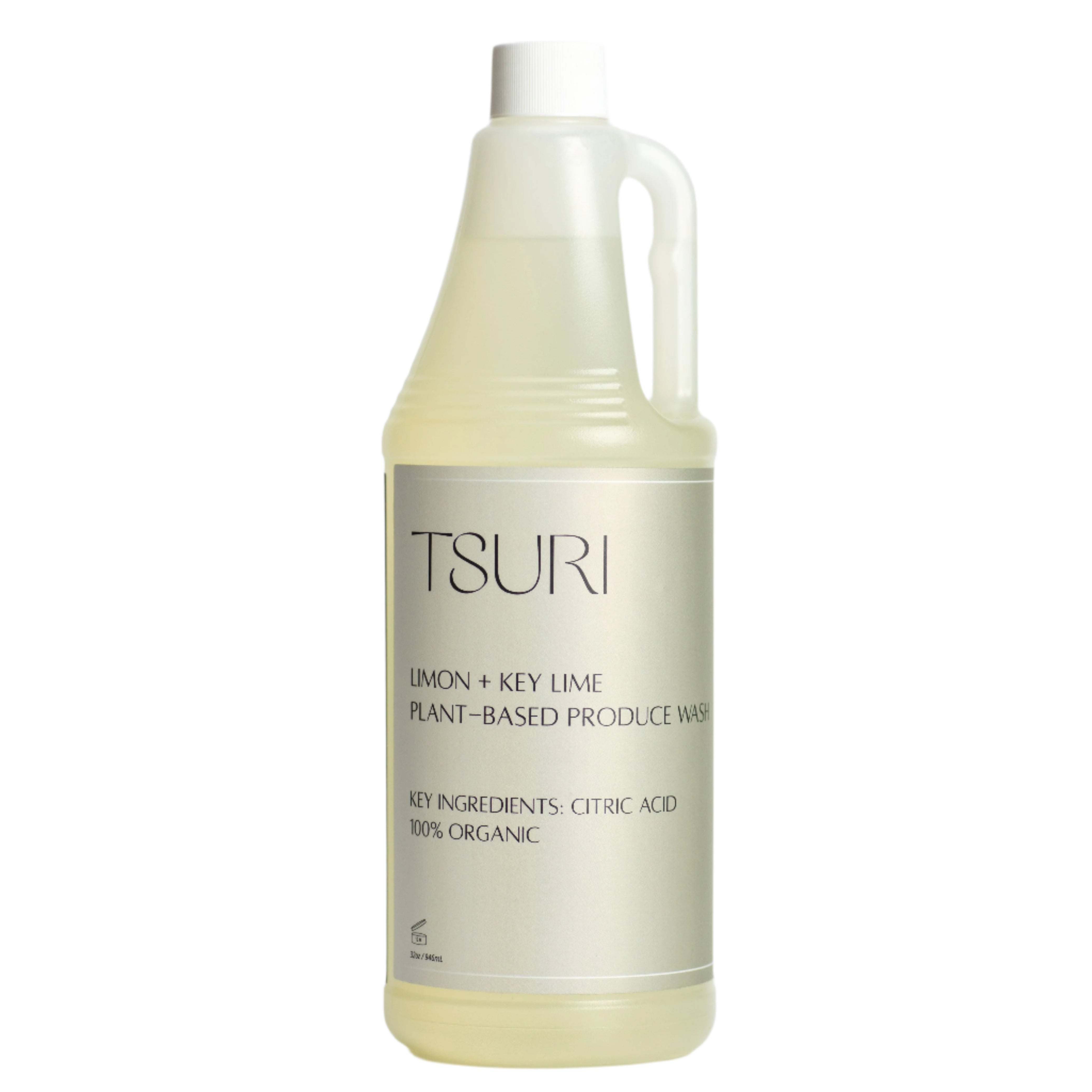 Tsuri Limon + Key Lime Plant-Based Produce Wash 32 oz bottle for cleaning fruits and vegetables.
