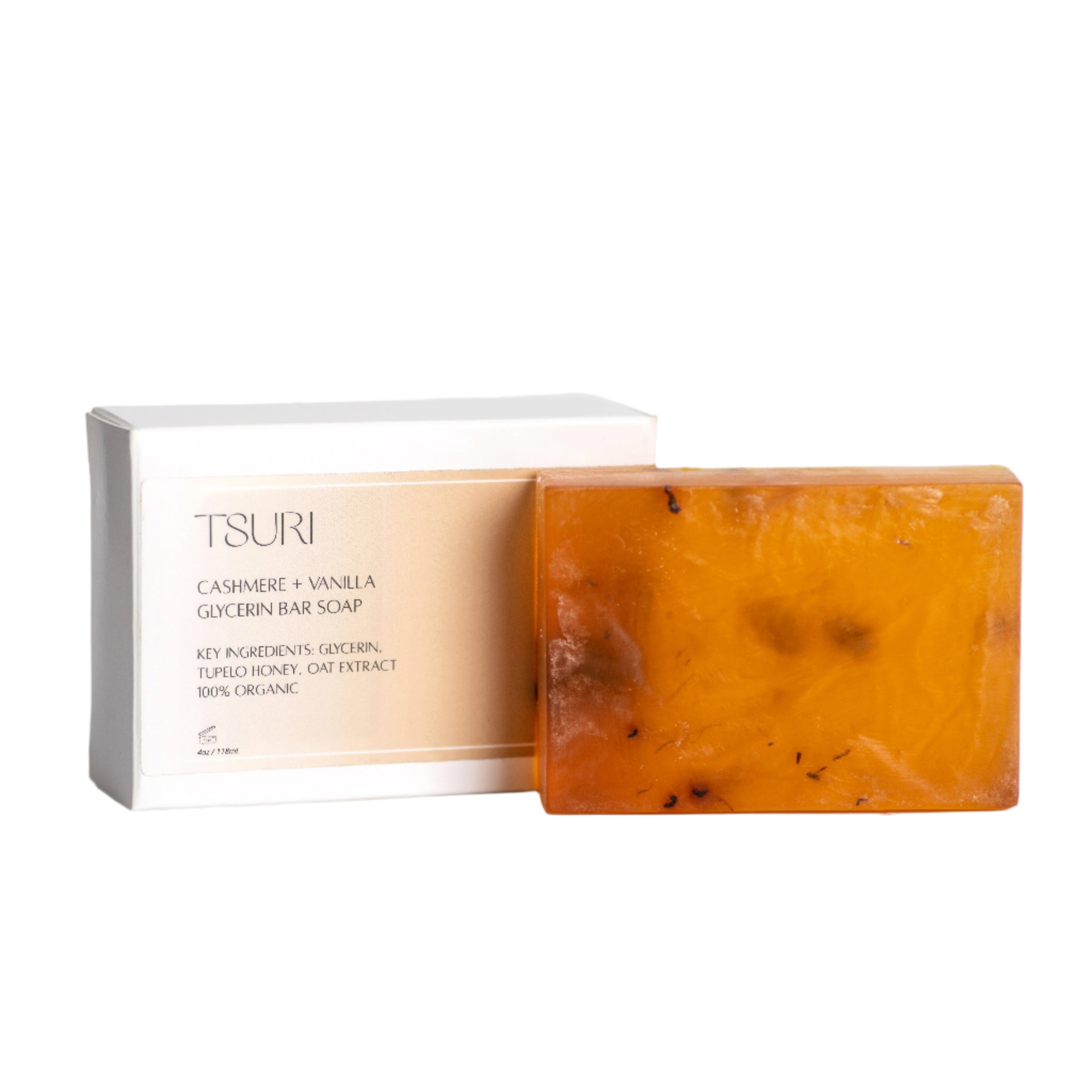 Tsuri Cashmere + Vanilla Glycerin Bar Soap with tupelo honey and oat extract, 4 oz, moisturizing and soothing for healthy skin.