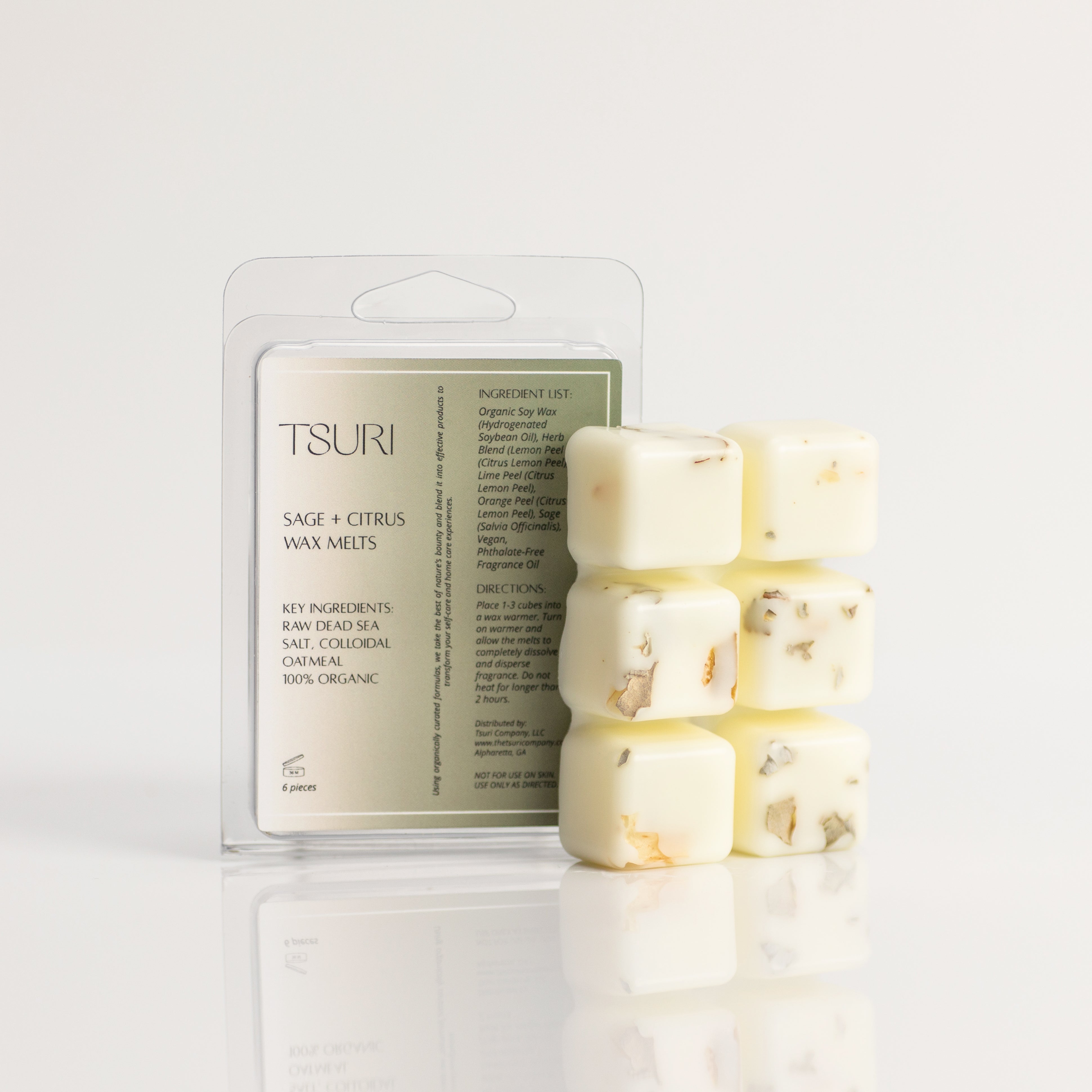 Sage + Citrus Wax Melts made with organic soy, citrus, and sage, offering a non-toxic home fragrance alternative to candles.