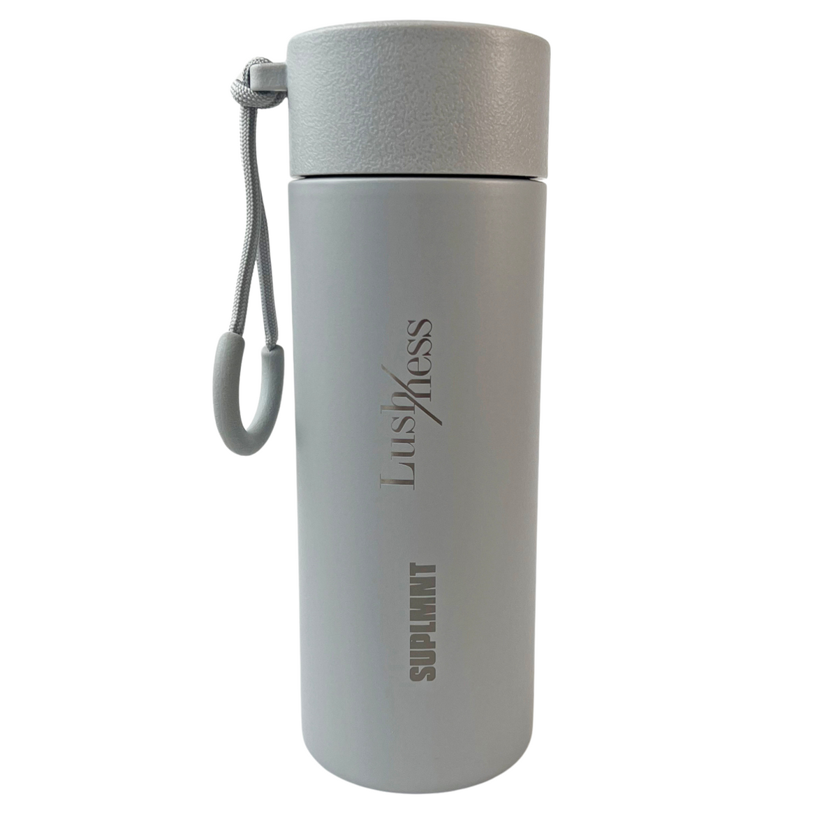 Suplmnt x Lushness Limited Edition 24 oz. Affirmation Water Bottle with lanyard, featuring 'I am unconditionally worthy' engraving.