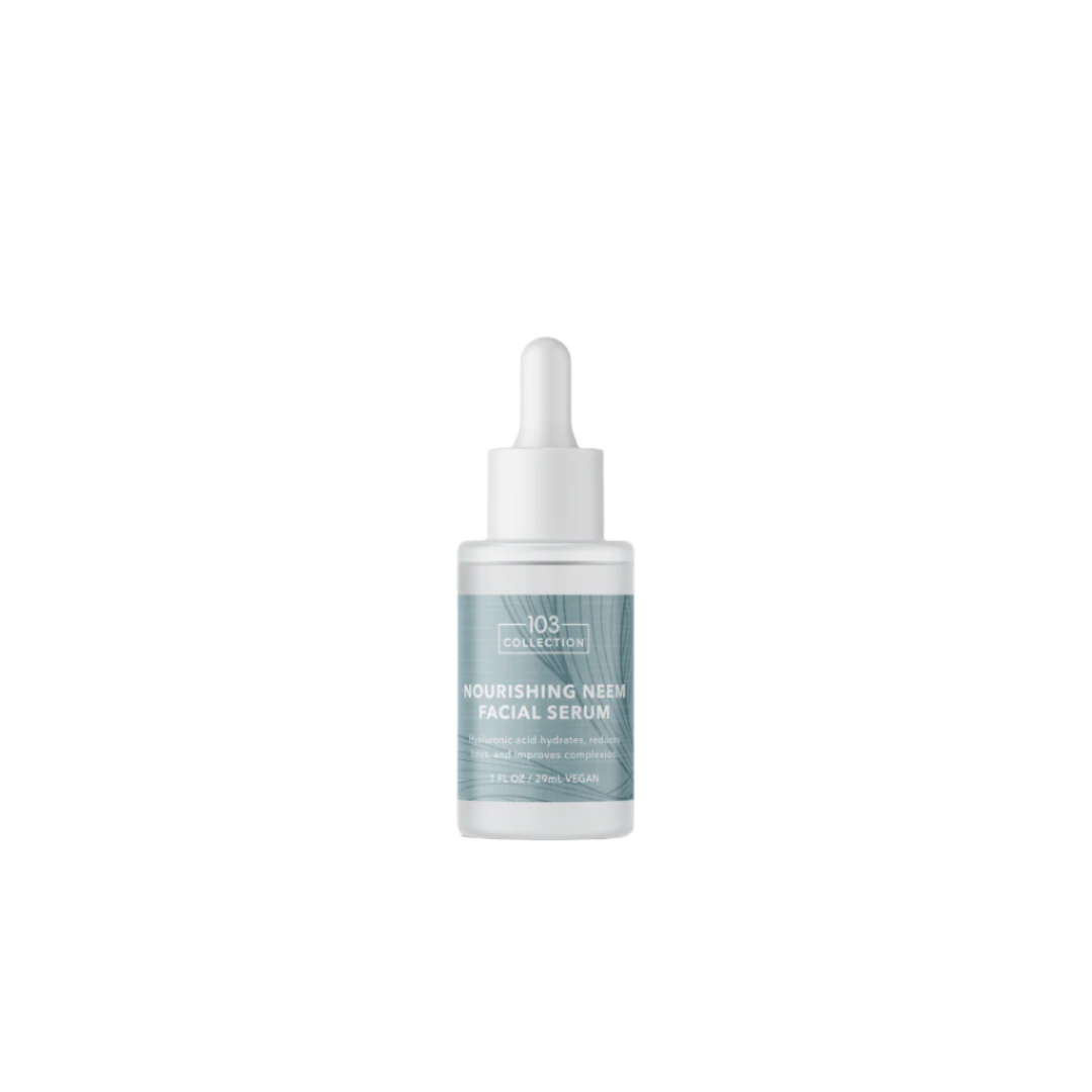 Vegan Nourishing Neem Facial Serum in glass bottle with dropper, enriched with Niacinamide, Hyaluronic Acid, and antioxidants for radiant skin.