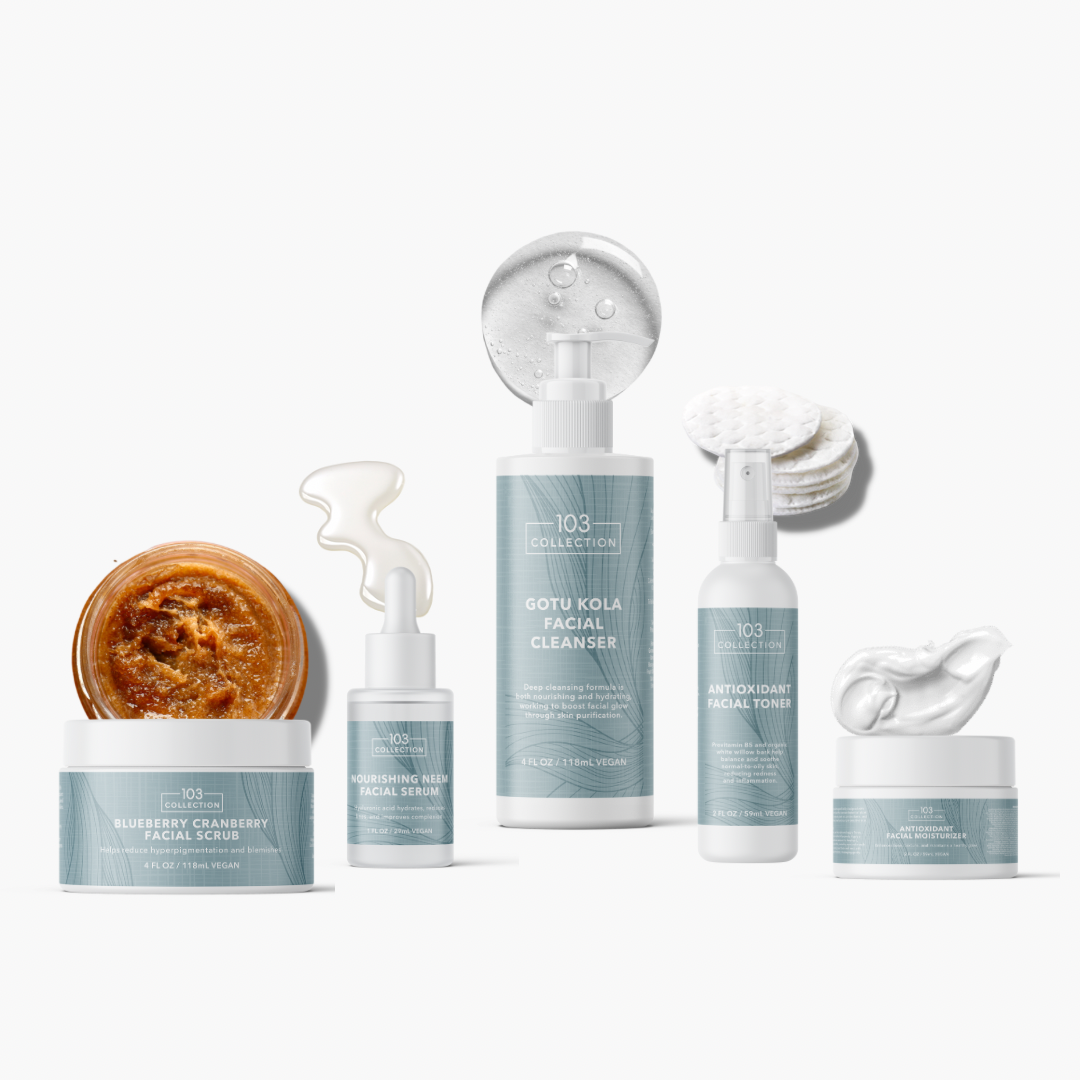 103 Collection skincare set with cleanser, toner, serum, and moisturizer for radiant skin, featuring Gotu Kola and antioxidants.
