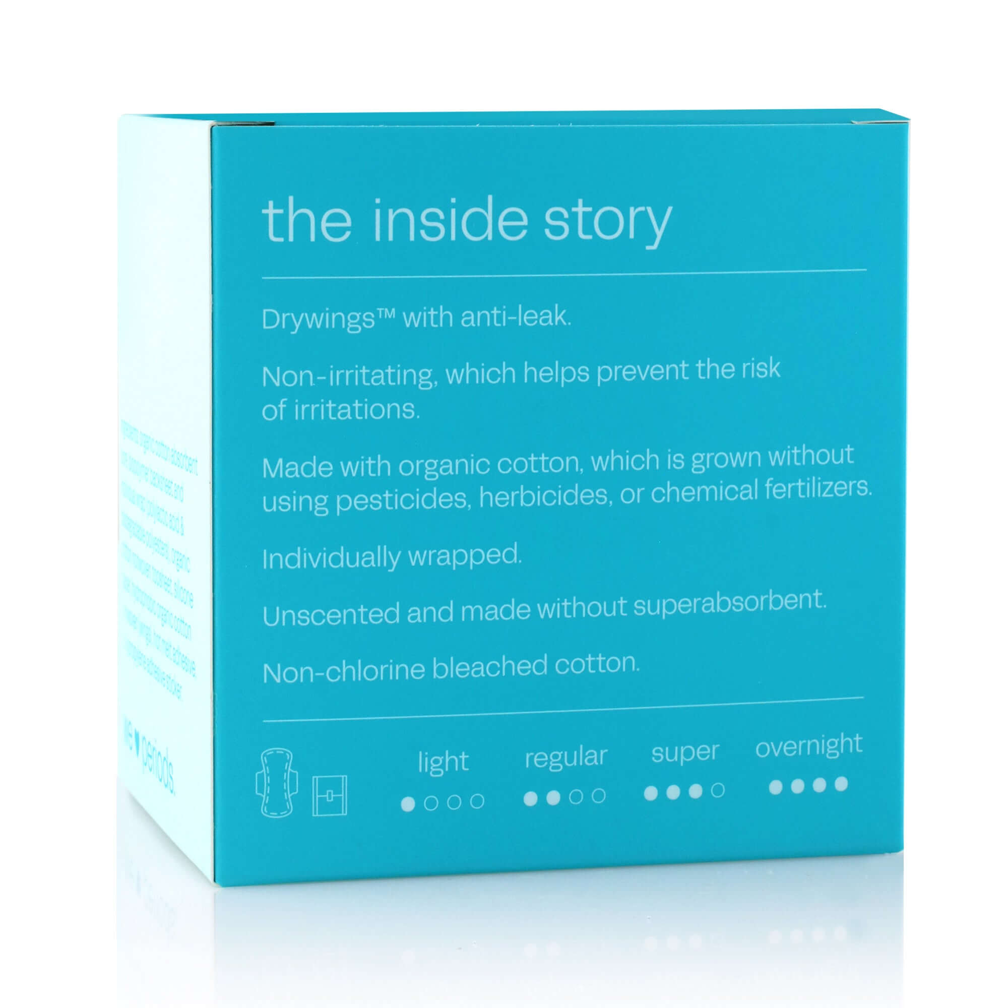 Close-up of turquoise period pad box showing sustainable packaging for organic, ultra-absorbent menstrual protection
