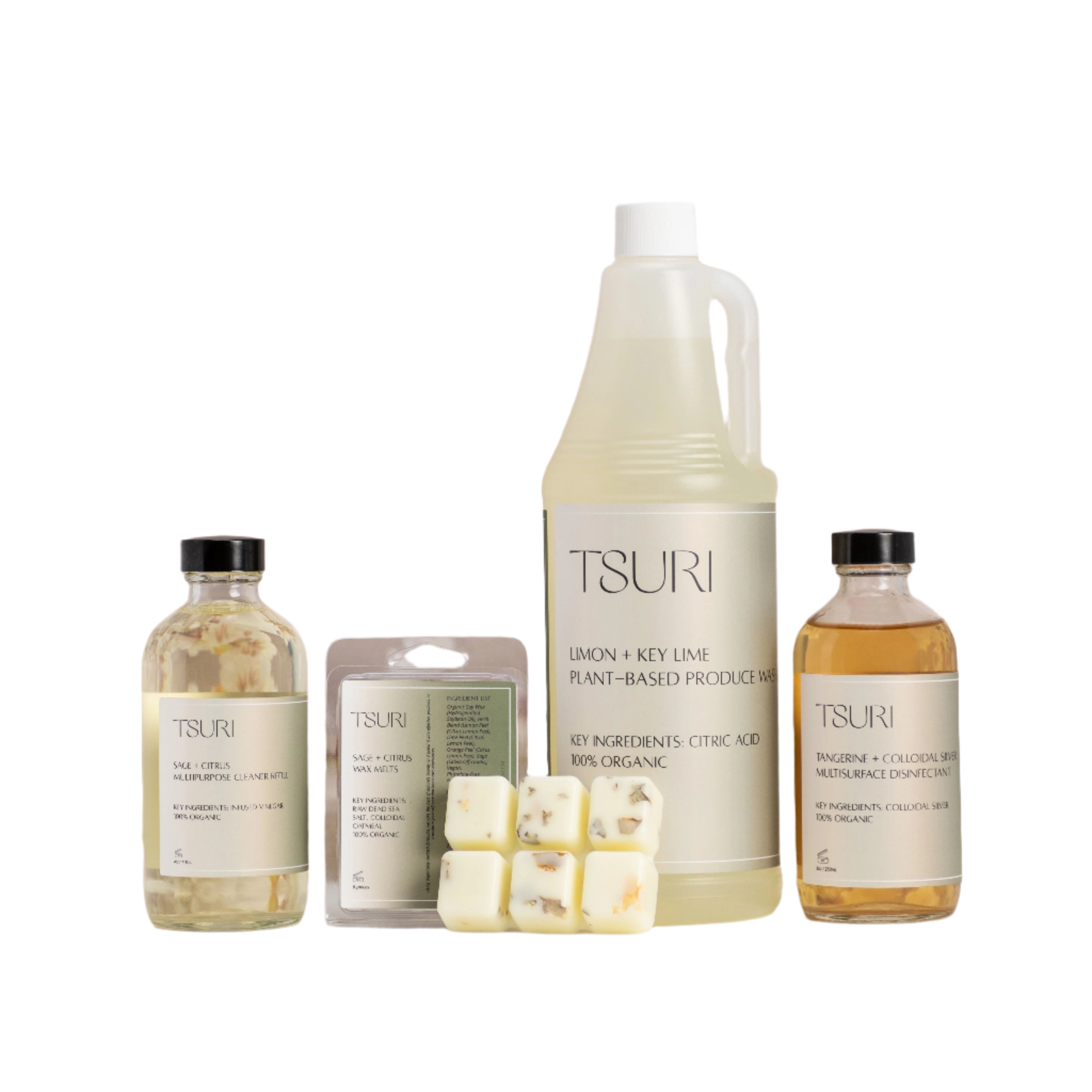 Effortless Clean Bundle by Tsuri, featuring all-natural home care essentials including produce wash, multipurpose cleaners, and wax melts.