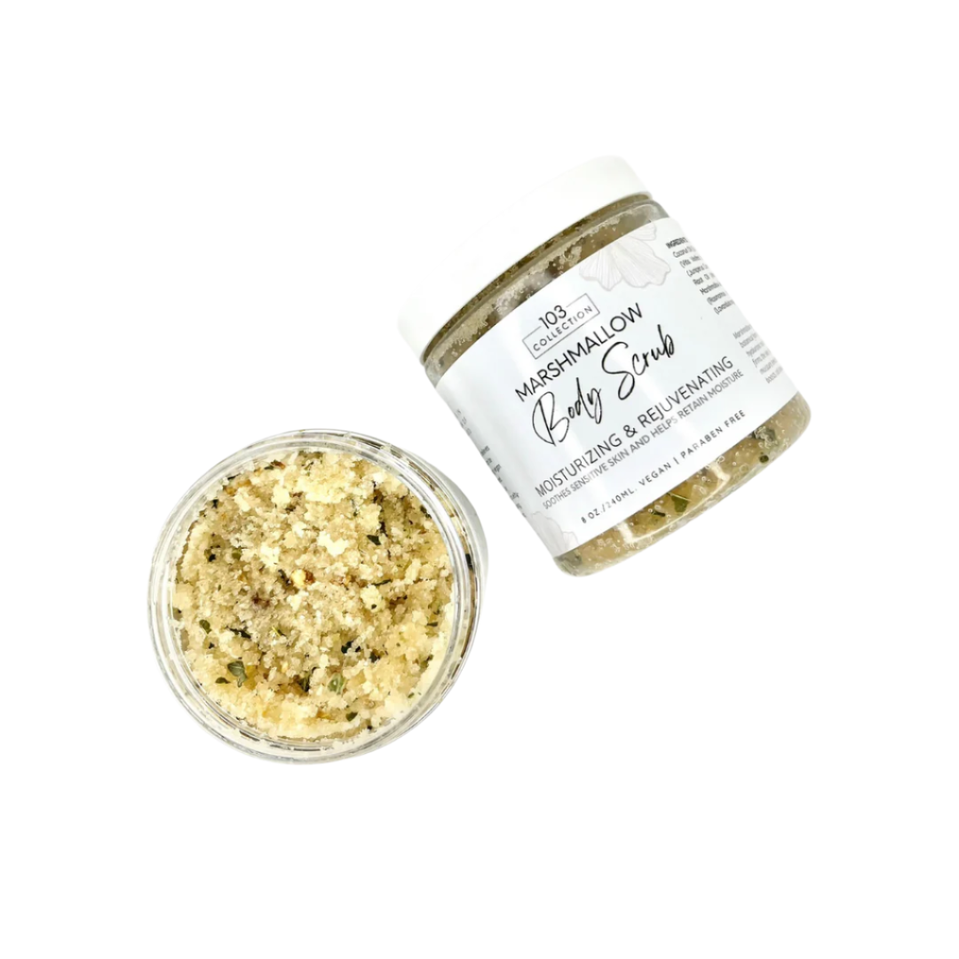 Vegan Marshmallow Body Scrub jar and contents, enriched with organic sugar cane and marshmallow root for smooth, hydrated skin.