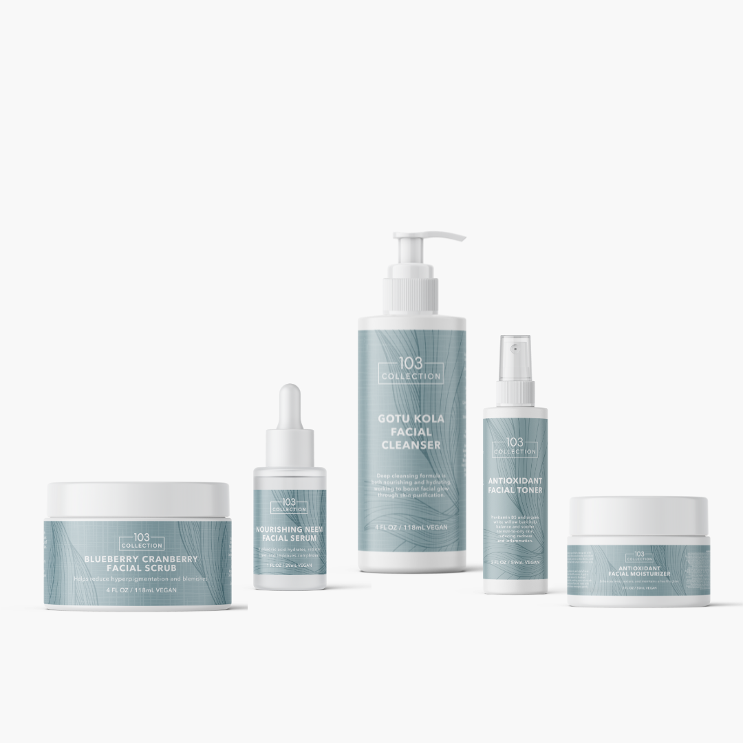 Skincare set featuring Vegan Antioxidant Facial Toner, Gotu Kola Facial Cleanser, and Blueberry Cranberry Facial Scrub.