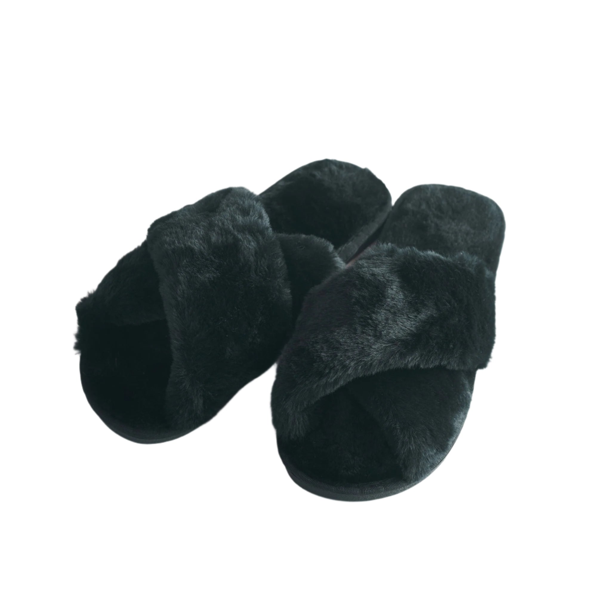 Tsuri Signature Faux Fur Slippers in black, showcasing cruelty-free plush fabric and comfy design with durable rubber sole.