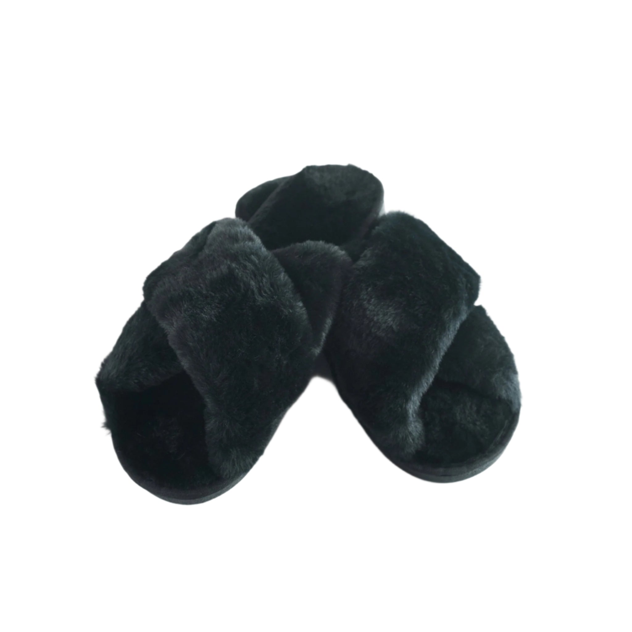 Black faux fur slippers by Tsuri, featuring a plush design with cushioned heel and durable sole, perfect for cozy comfort.