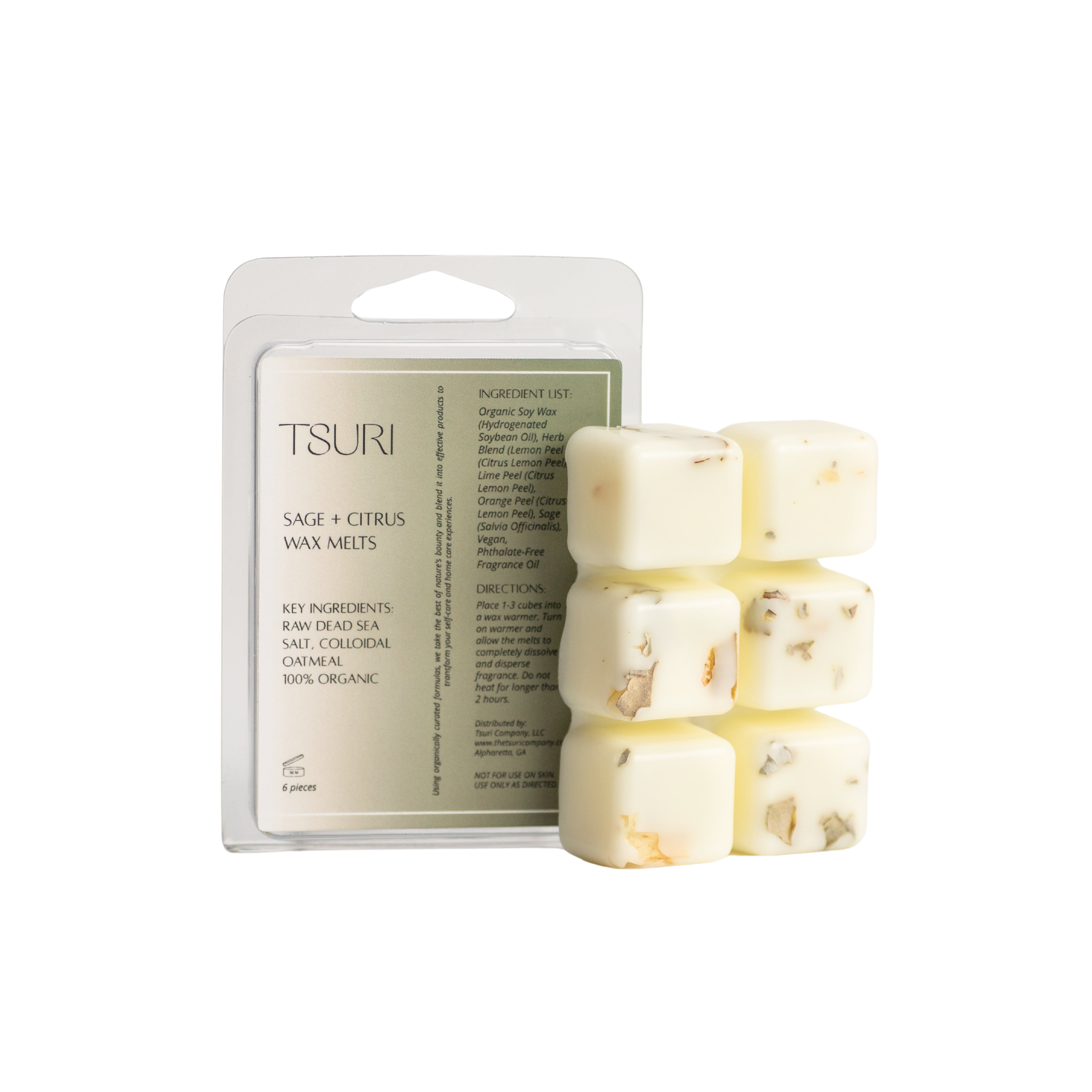 Organic Sage + Citrus Wax Melts made with soy wax, citrus peels, and sage, offering a non-toxic fragrance alternative.
