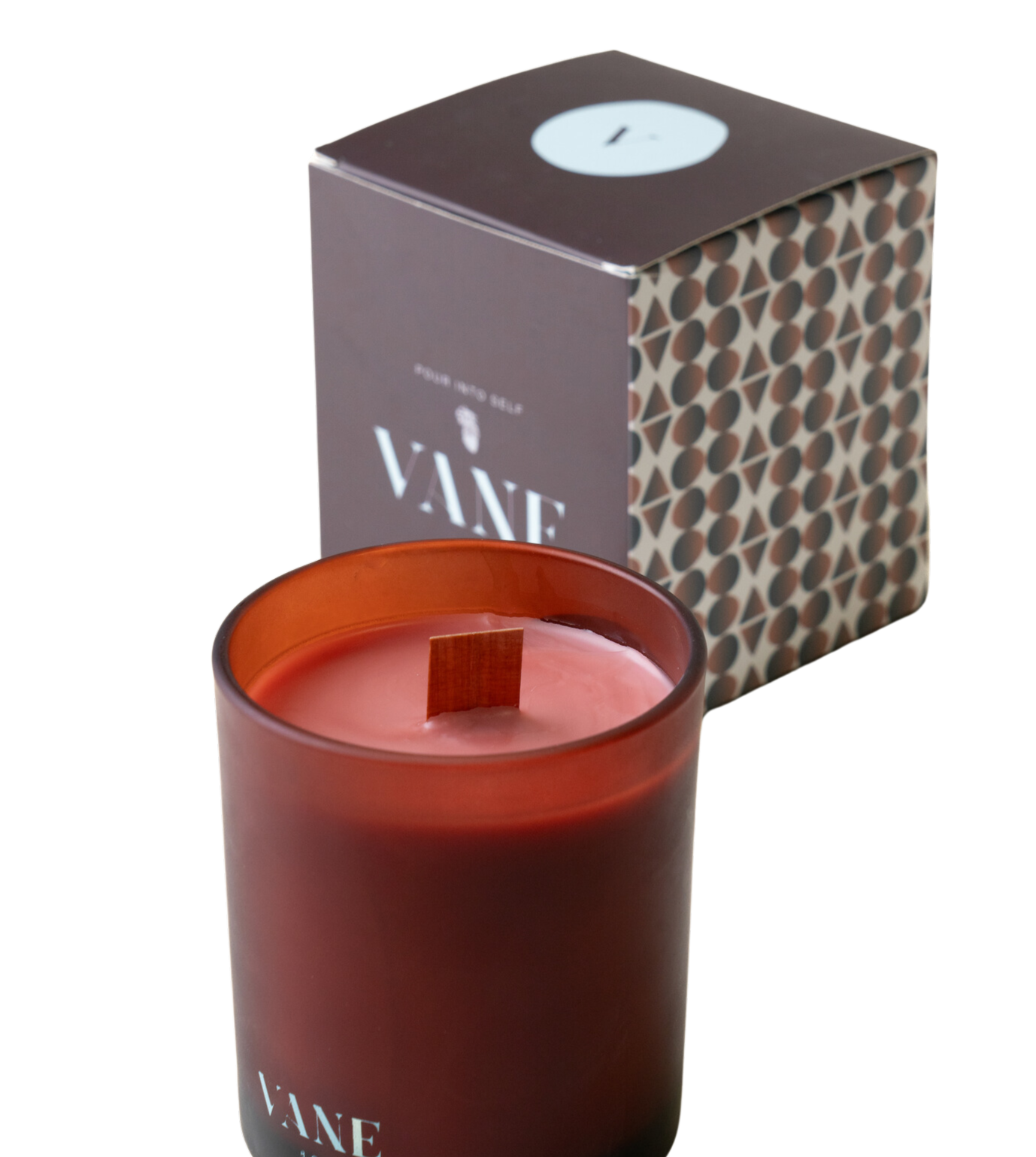 8oz Green Tea, Lavender, and Eucalyptus Candle with wooden wick, shown with decorative box; made from coconut apricot wax.