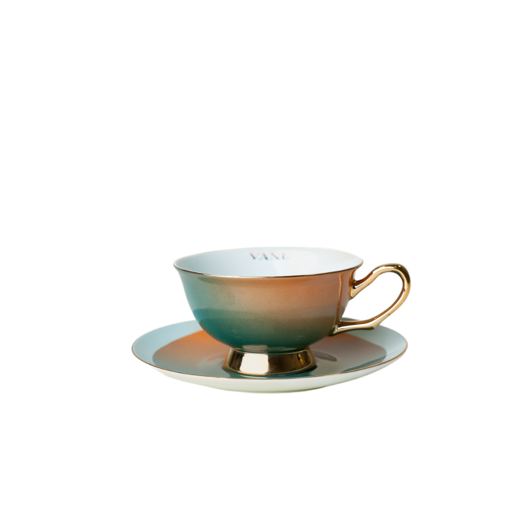 Ombré Tea Set with Haint Blue finish, bone China cup and saucer, inspired by Gullah-Geechee culture, gold accents