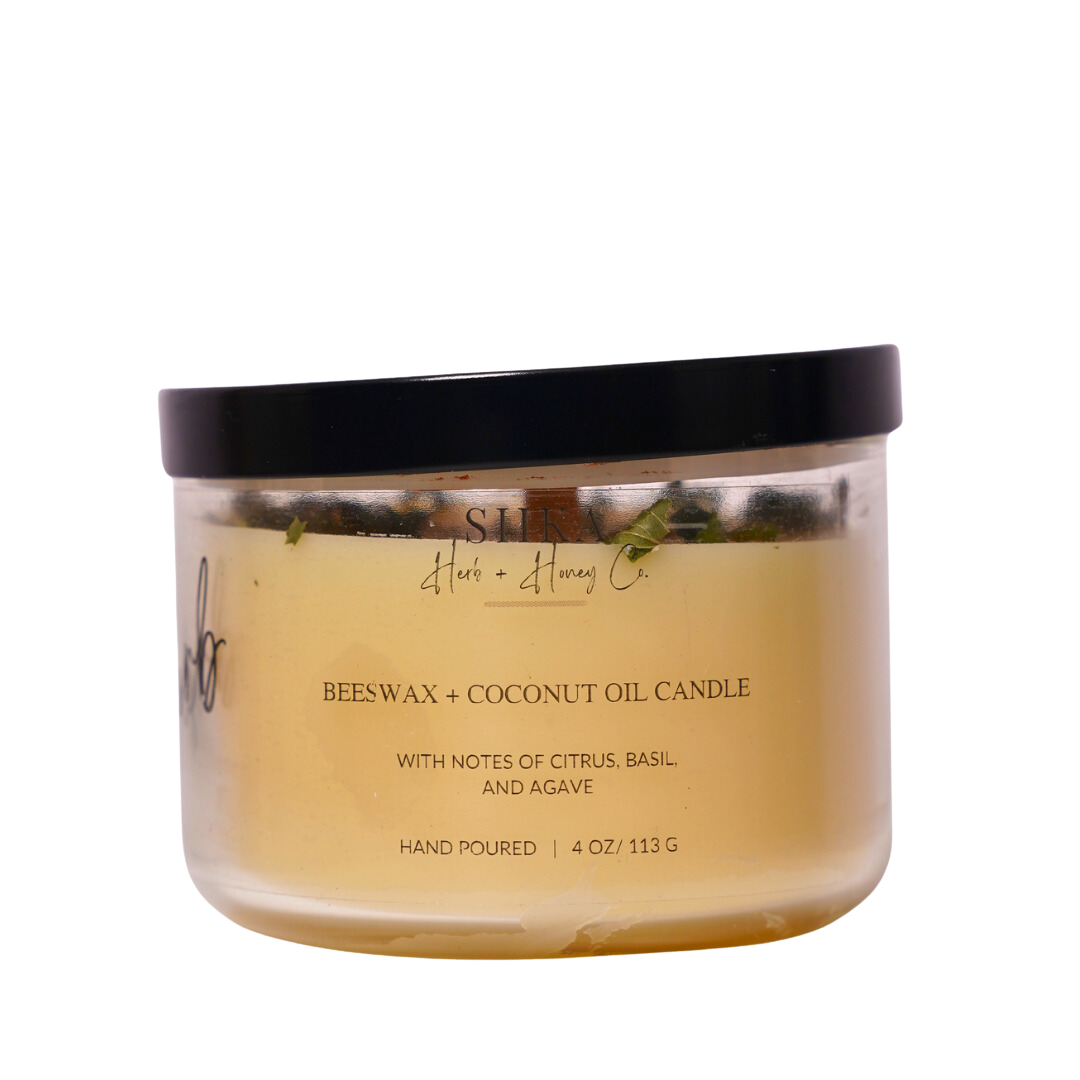 SIIKA Citrus Basil & Agave Beeswax Candle with sustainable wood wick, 4 oz jar, hand-poured, featuring sweet floral notes.