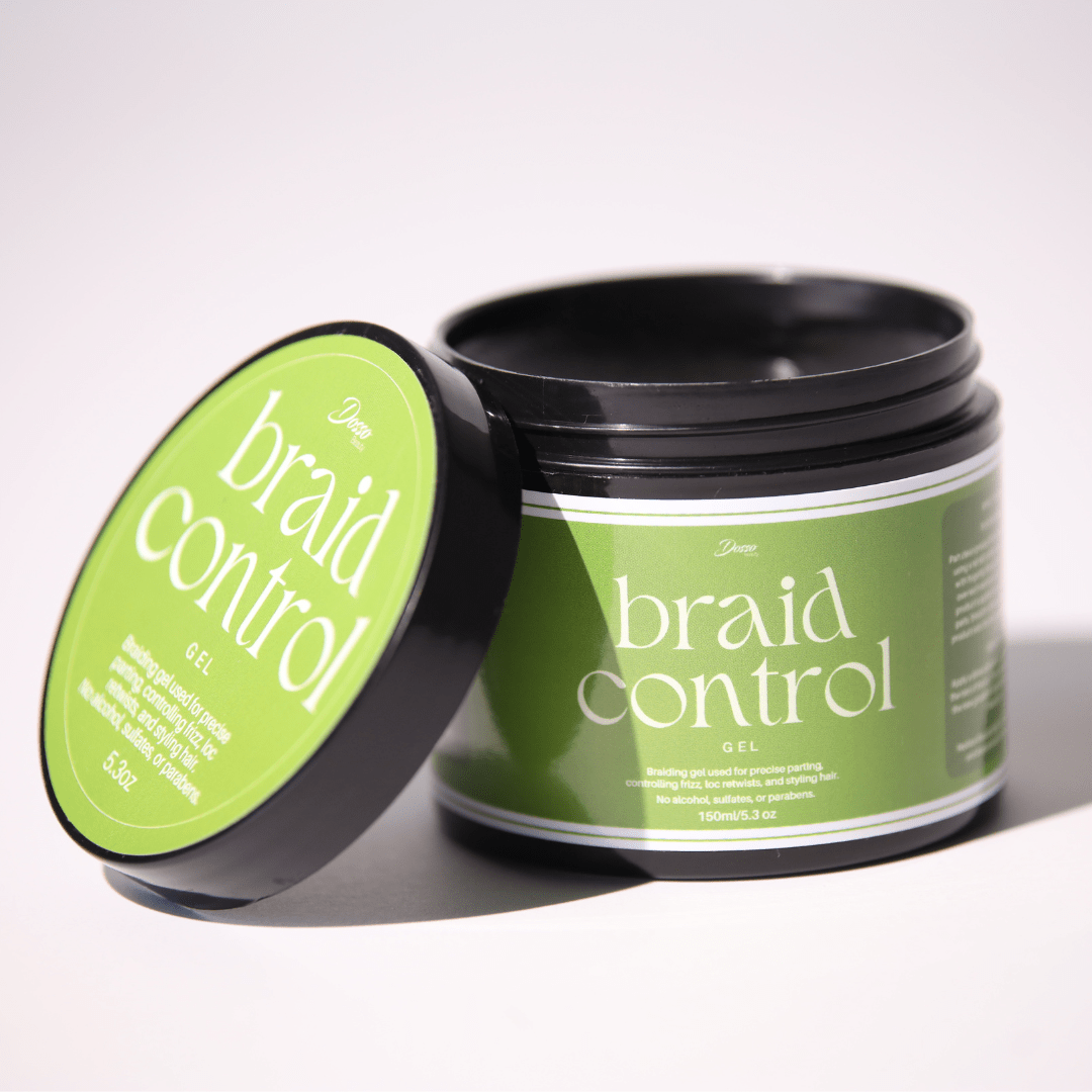 Dosso Beauty Braid Control Gel for frizz-free braids, ponytails, and locs; firm hold and alcohol-free formula in green container.