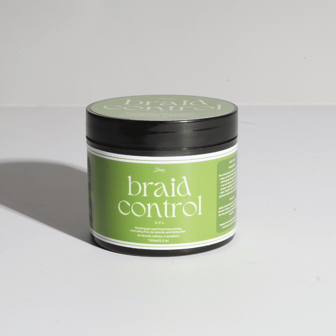 Dosso Beauty Braid Control Gel for flawless braids and sleek ponytails, firm hold, alcohol-free, 100g jar, green packaging.