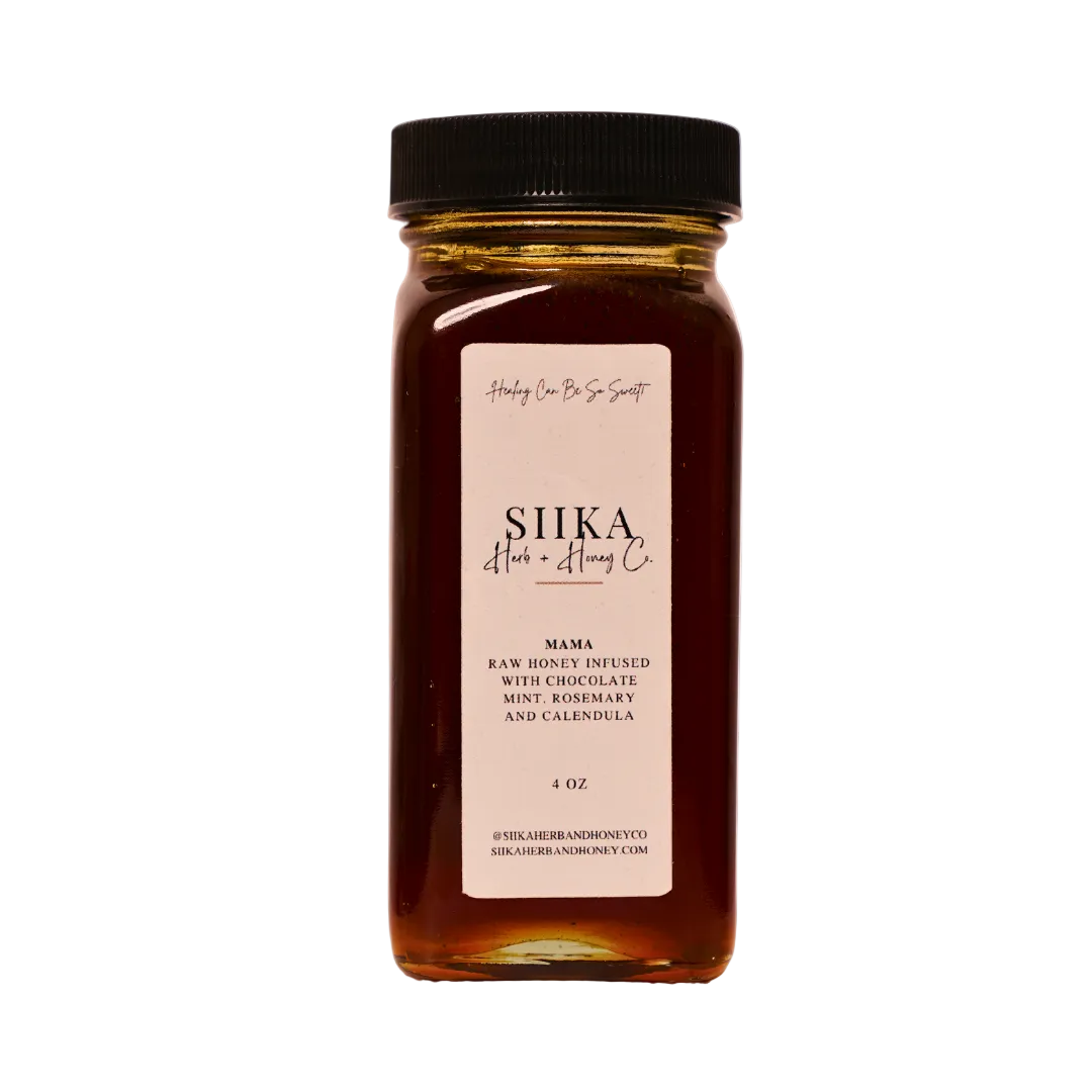 Jar of Mama Mint & Rosemary Honey by Siika, infused with mint, rosemary, and calendula for culinary and skincare use.