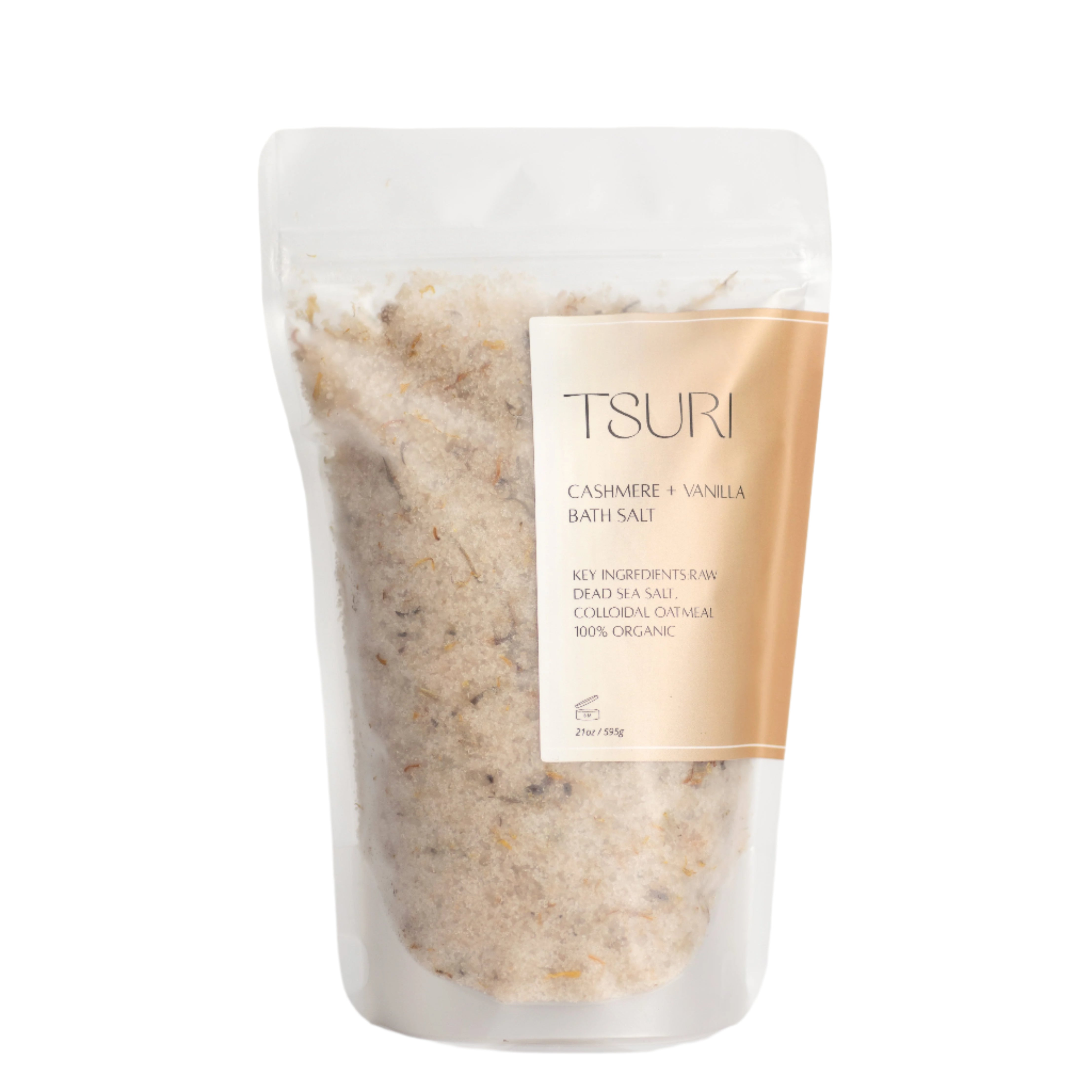 Pack of Cashmere + Vanilla Bath Salt with mineral-rich Dead Sea salt, colloidal oatmeal, chamomile, and soothing fragrance.
