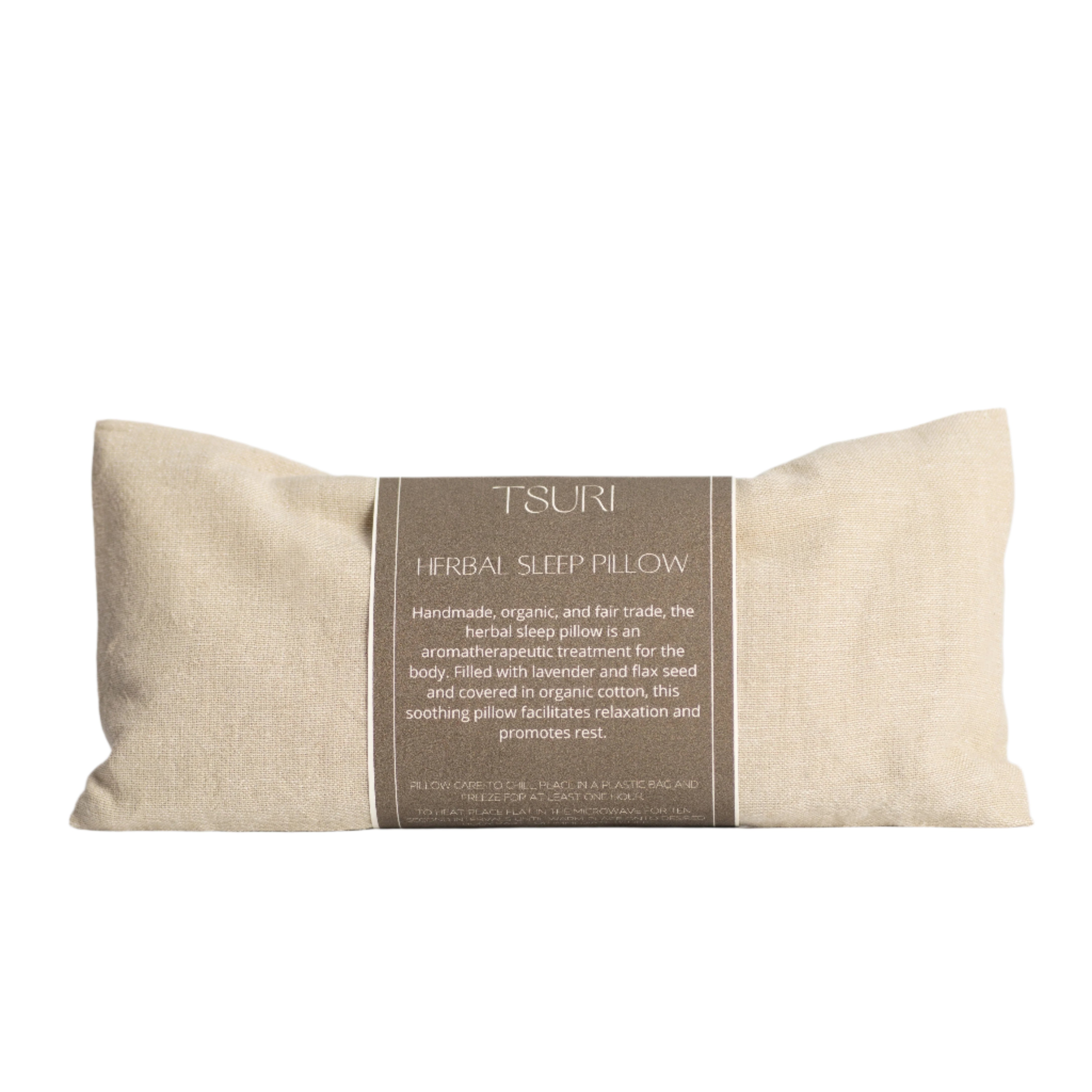 Herbal sleep pillow with lavender and flax seed for relaxation and aromatherapy in organic cotton. Promotes deep rest and body relief.
