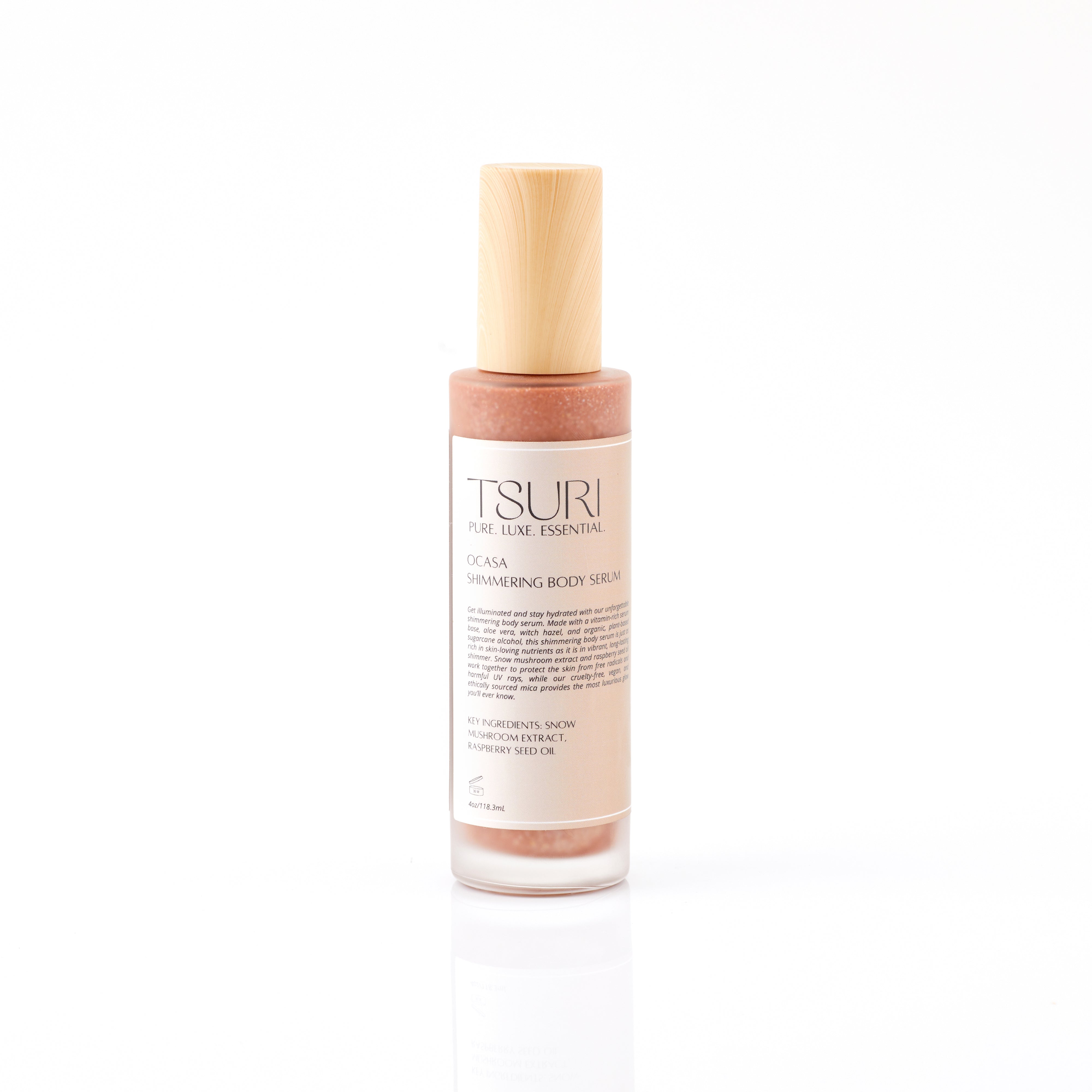 Ocasa Shimmering Body Serum bottle with nourishing botanicals and shimmer for radiant, hydrated skin.
