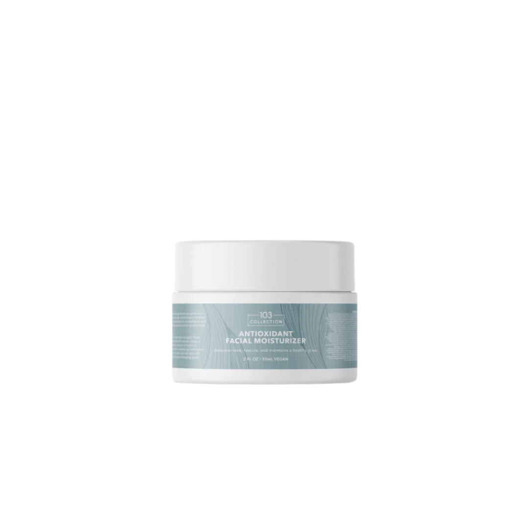 Vegan Antioxidant Facial Moisturizer jar with hyaluronic acid and flower extracts for hydrated, youthful skin.