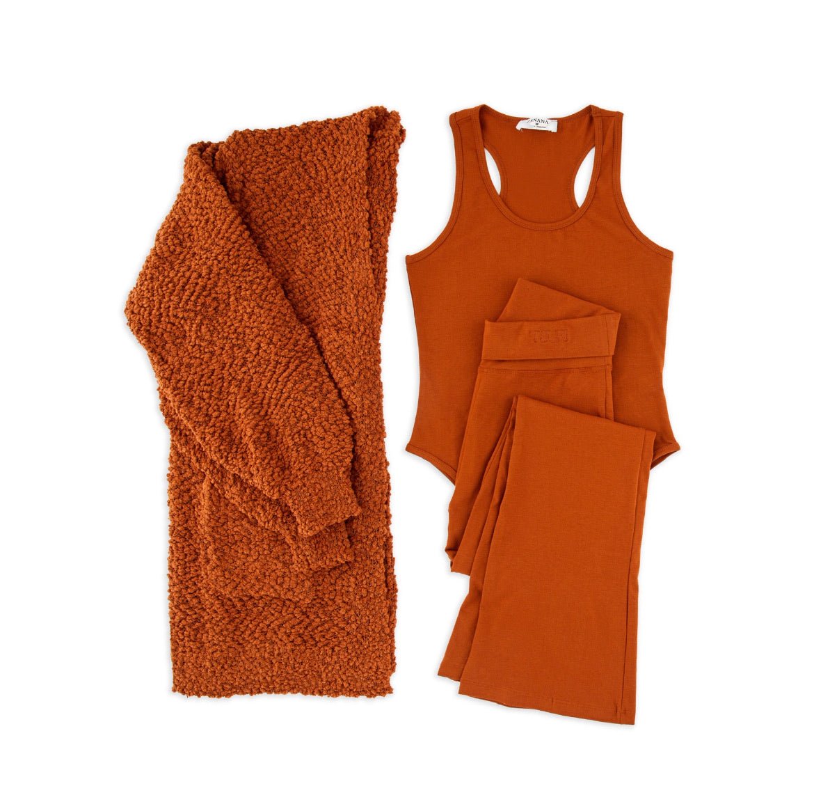 Limited Edition Lounge Set in Sirrocco color, includes cozy cardigan, tank top, and pants, made from cotton and bamboo rayon.