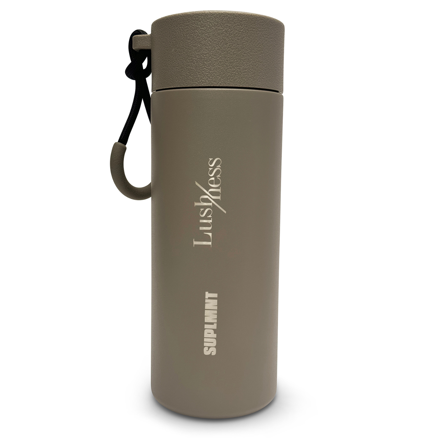 Suplmnt x Lushness Limited Edition 24 oz Affirmation Bottle with lanyard, earth-tone design, and peace mantra engraving