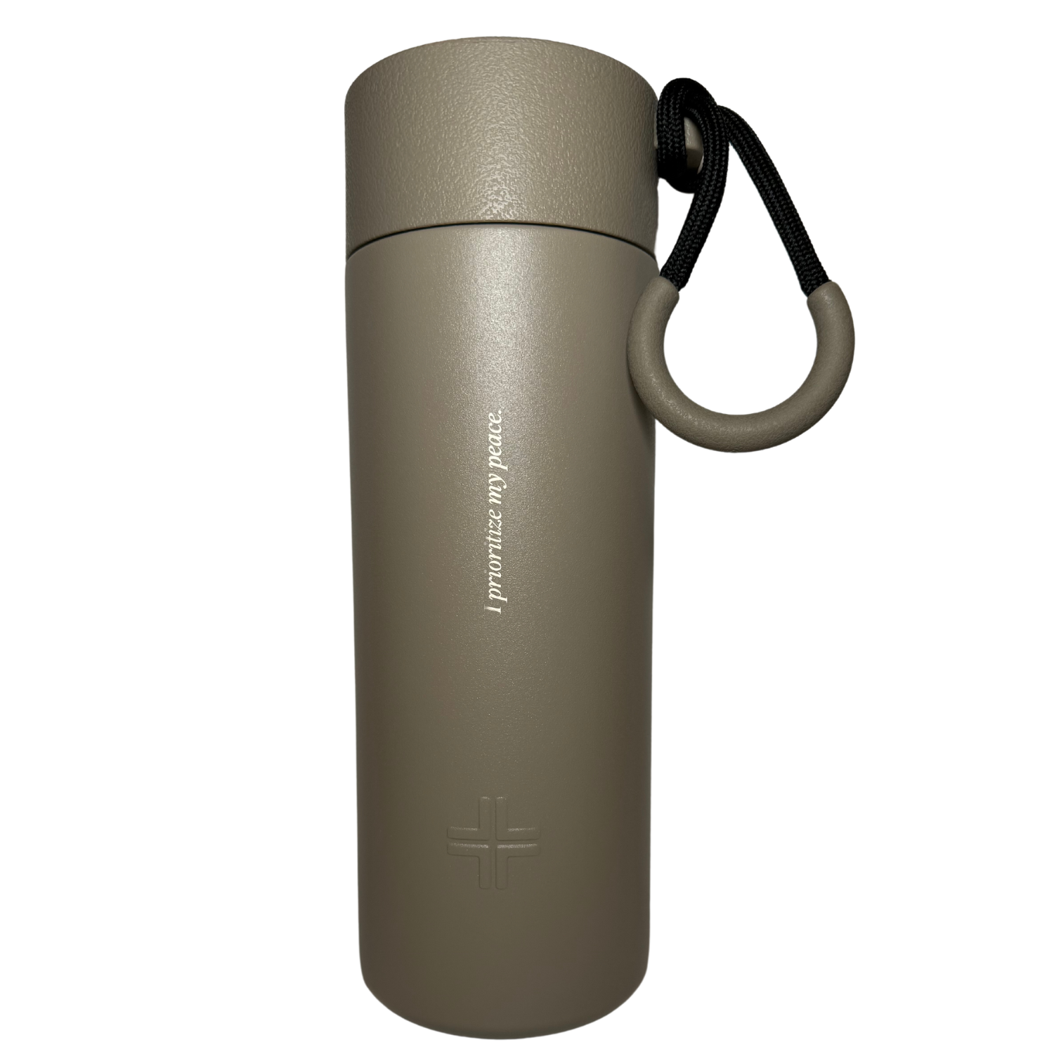 Lushness x Suplmnt limited edition 24oz affirmation water bottle in earth tones with 'I prioritize my peace' engraving.