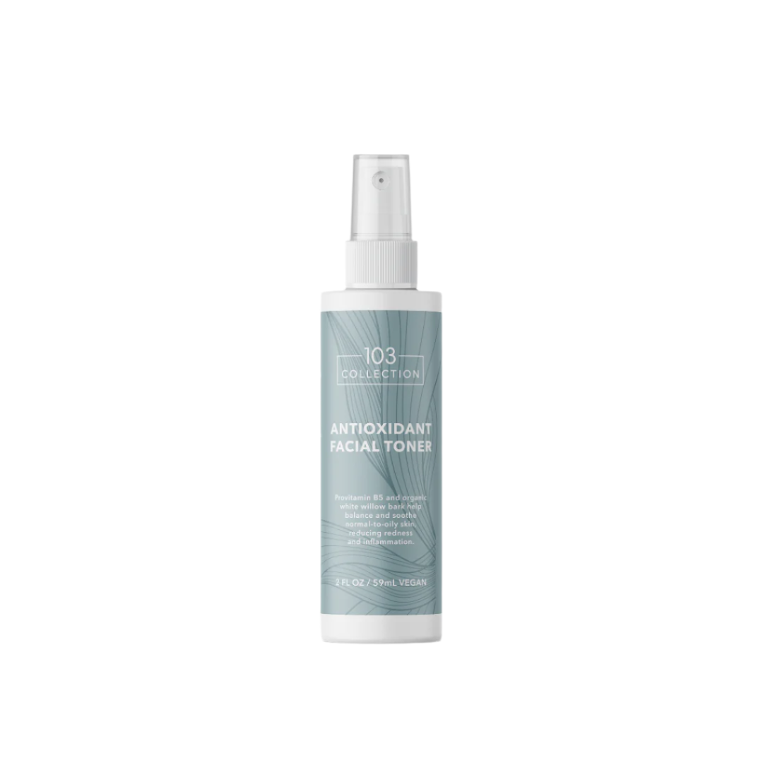 Vegan Antioxidant Facial Toner bottle with niacinamide, vitamin A, and white willow bark for hydrating and soothing skin care.