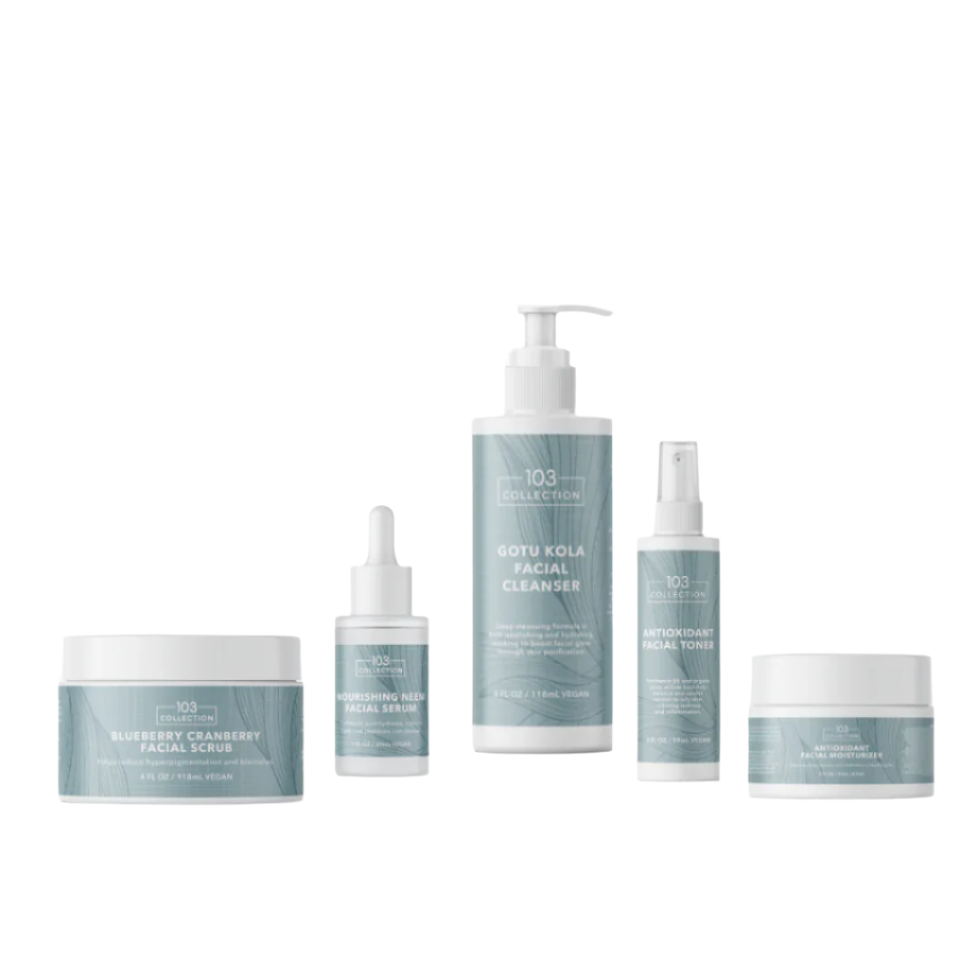 Vegan Antioxidant Skin Care Bundle Deluxe with cleanser, toner, serum, exfoliator, and moisturizer for anti-aging and hydration.
