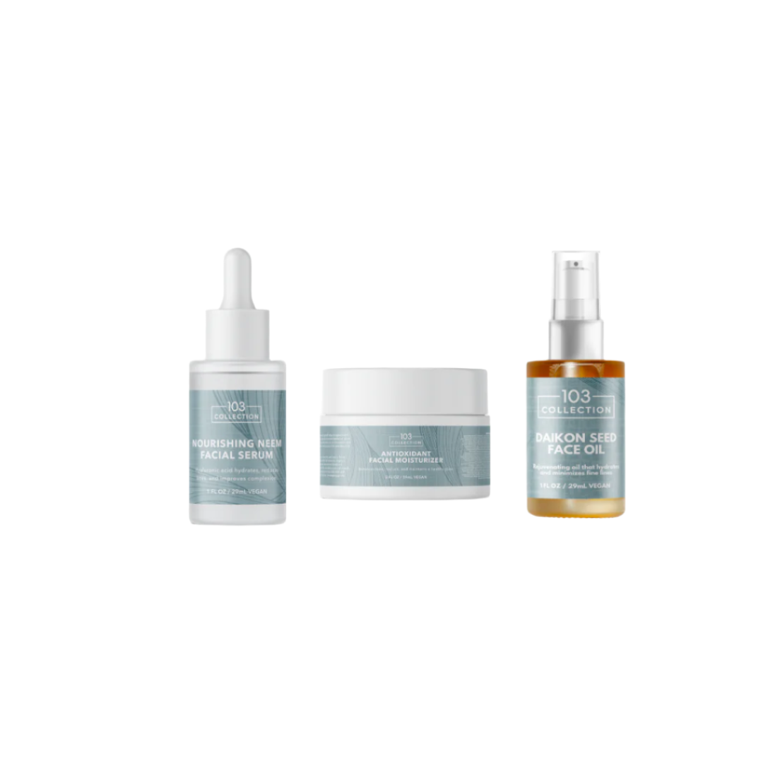 Radiant Glow Bundle: Neem Serum, Daikon Seed Facial Oil, Lightweight Moisturizer - 3-step skincare for radiant, healthy skin.