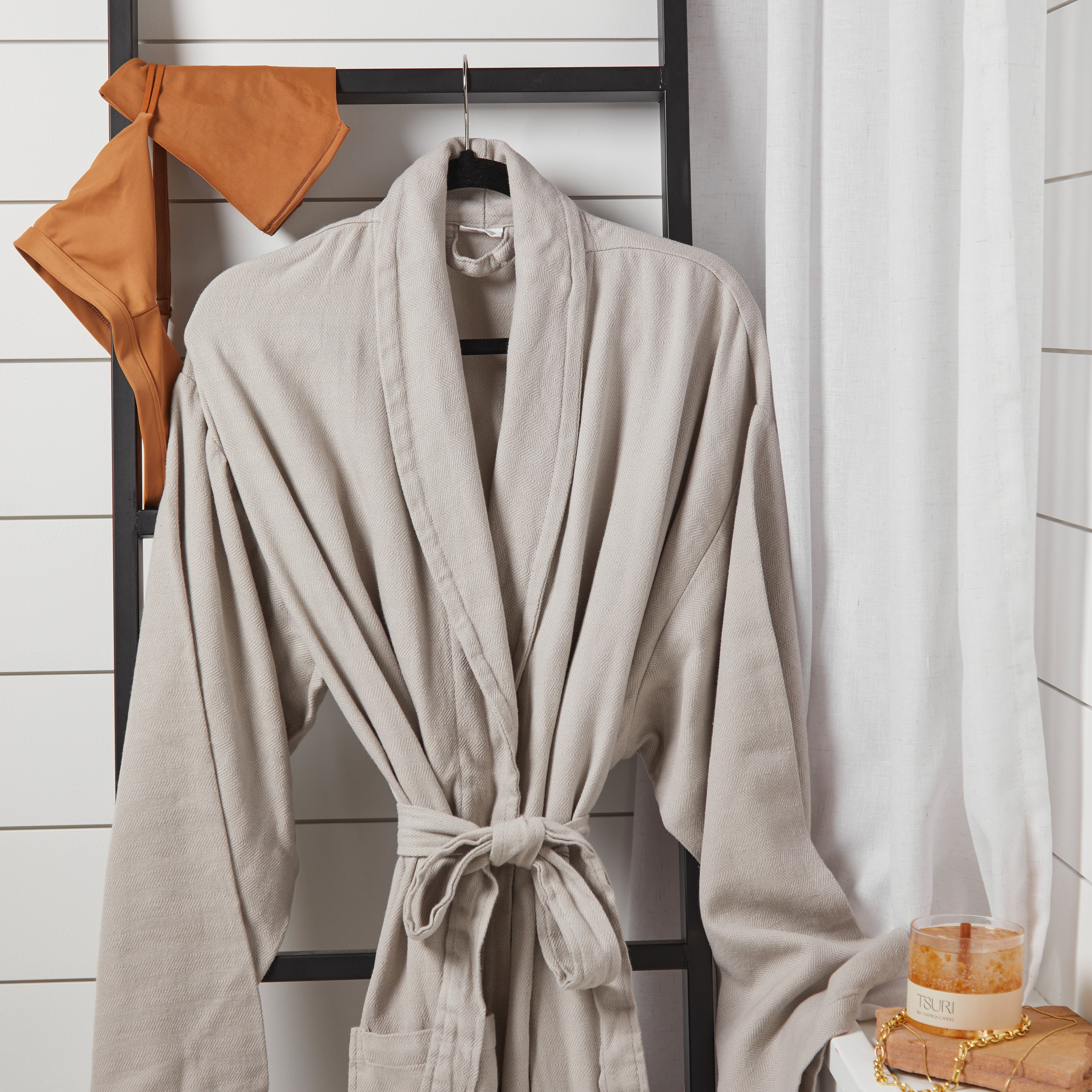 Luxurious Turkish cotton robe in White Sands shade, displayed with custom embroidery options, perfect for spa-like comfort and gift-giving.