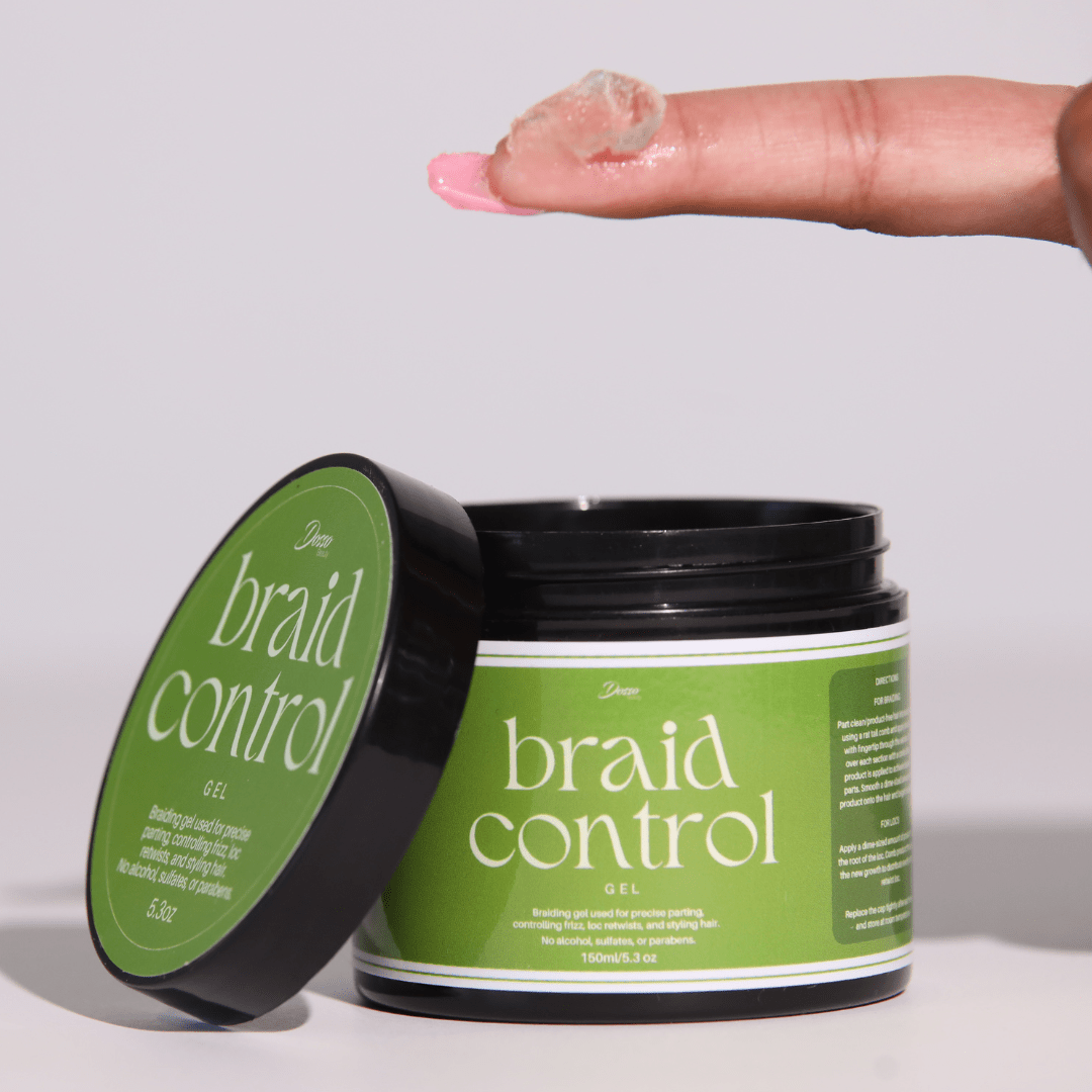 Open jar of Dosso Beauty Braid Control Gel showcasing its firm texture, ideal for braids, locs, and sleek hairstyles. Alcohol-free formula.
