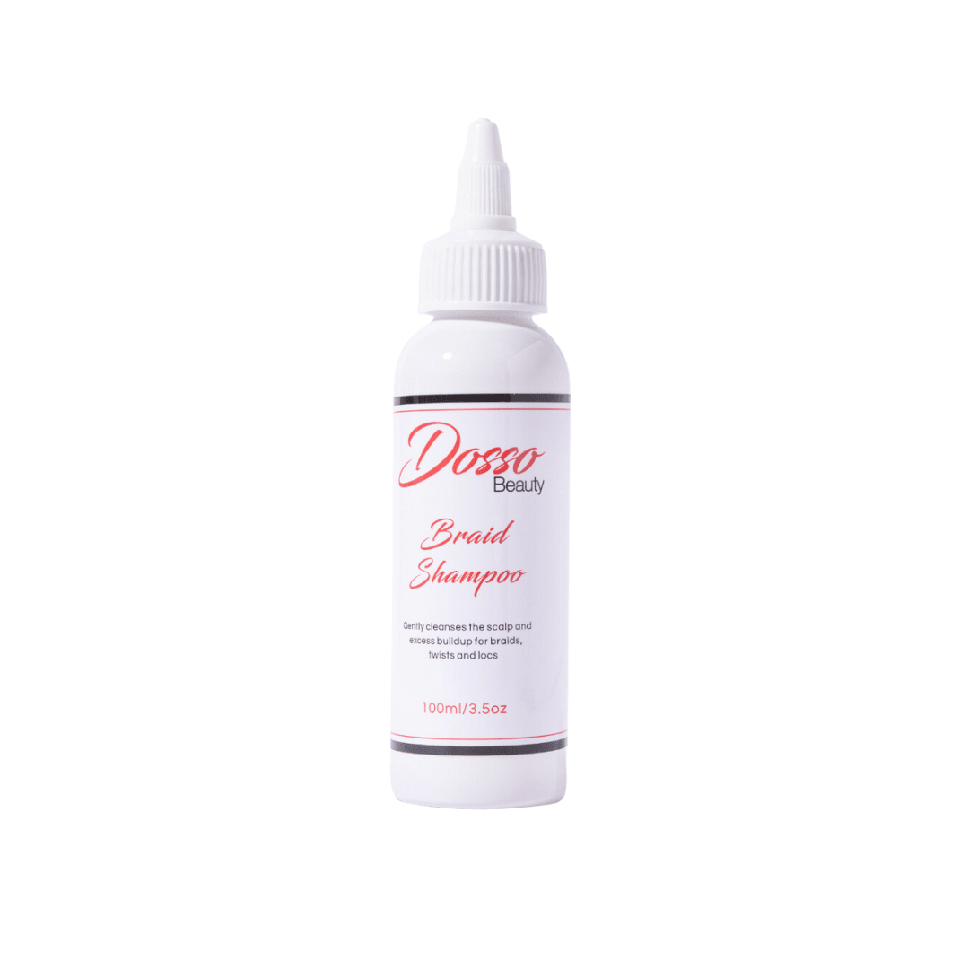 Alt Tag: Dosso Beauty Organic Braid Shampoo bottle, 100ml, for clarifying and refreshing braids without disrupting style.