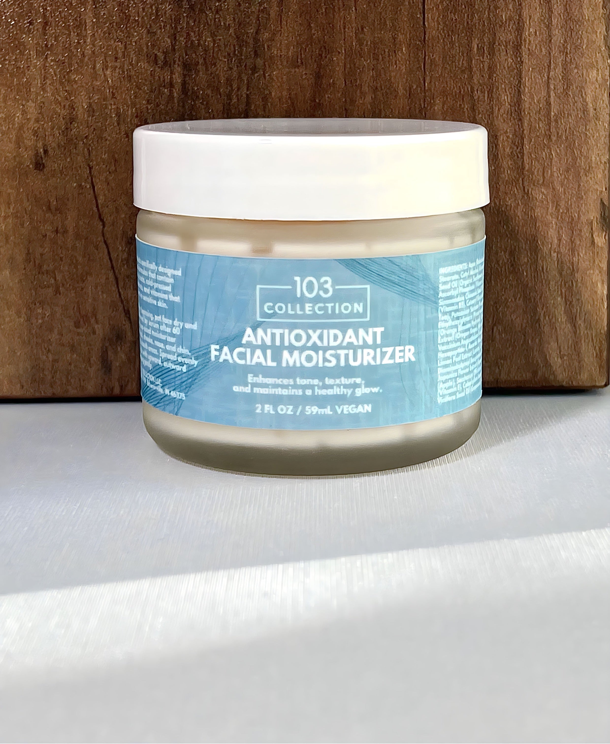 Vegan Antioxidant Facial Moisturizer by 103 Collection, cruelty-free skincare for hydrating and rejuvenating sensitive skin, 2 oz jar