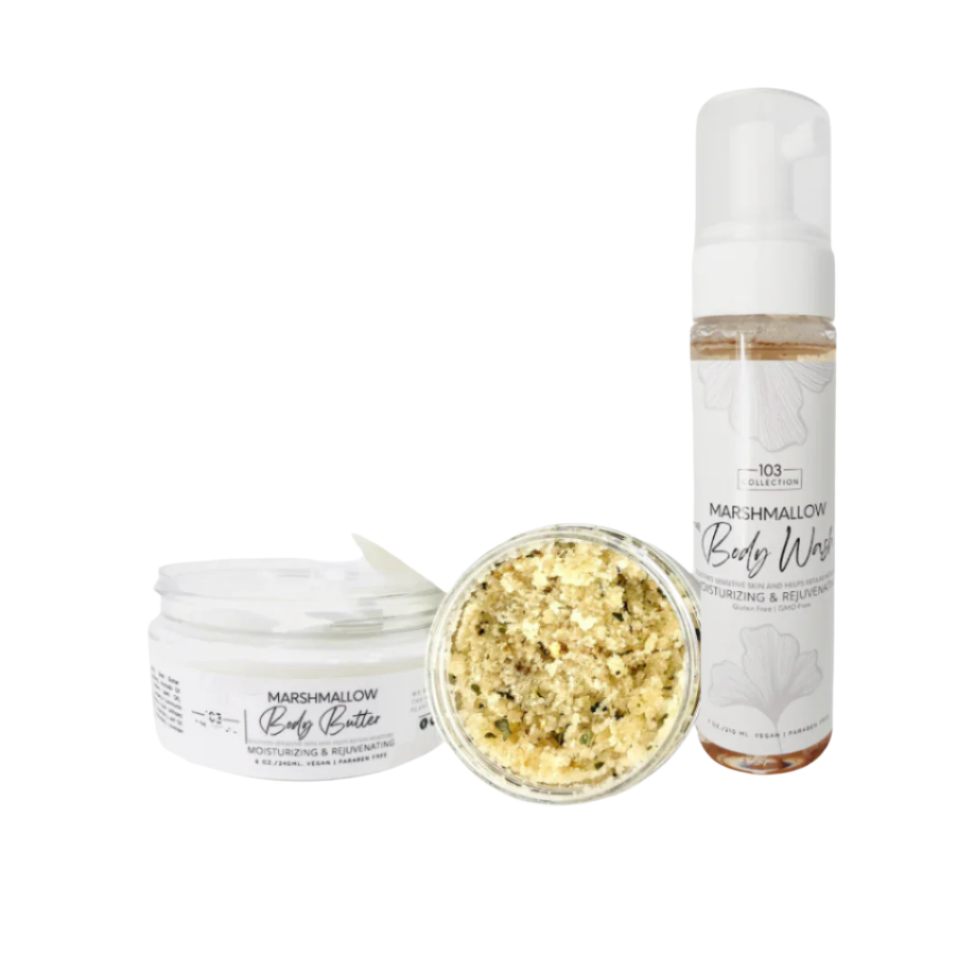 Vegan Marshmallow Body Bundle with body wash, scrub, and butter for soothing and hydrating sensitive skin.