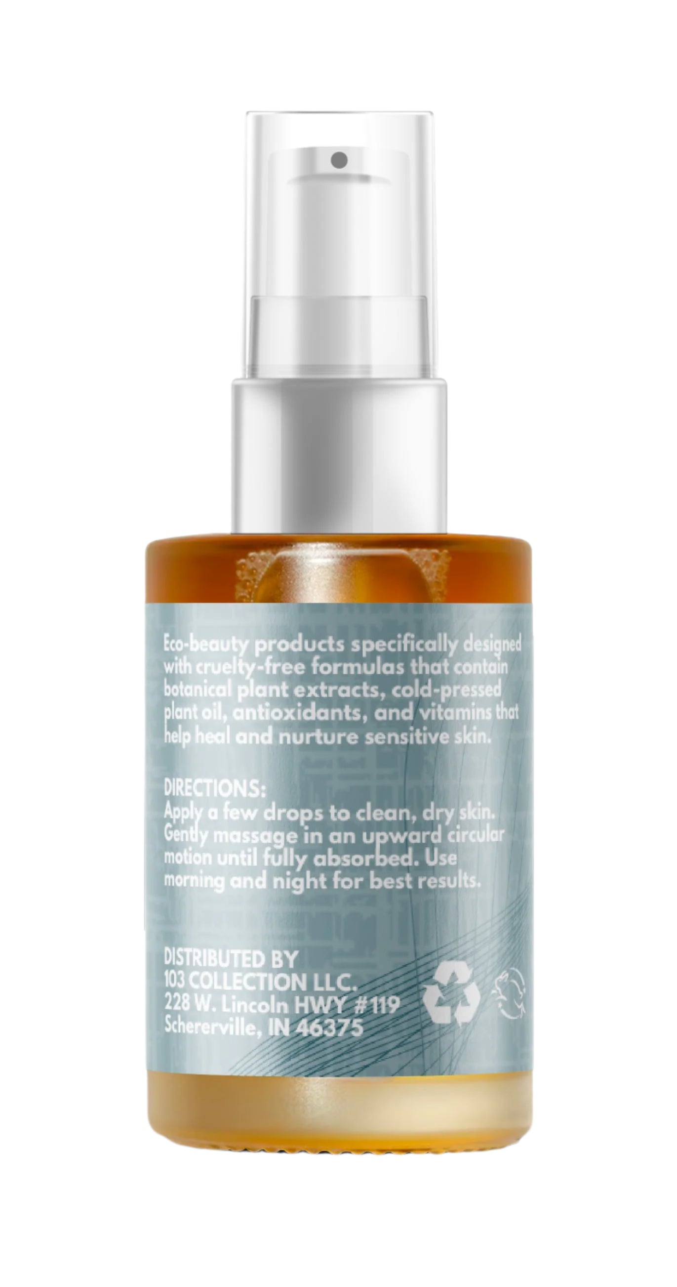 Back label of a bottle of Vegan Daikon Seed Face Oil highlighting eco-friendly ingredients and use directions.