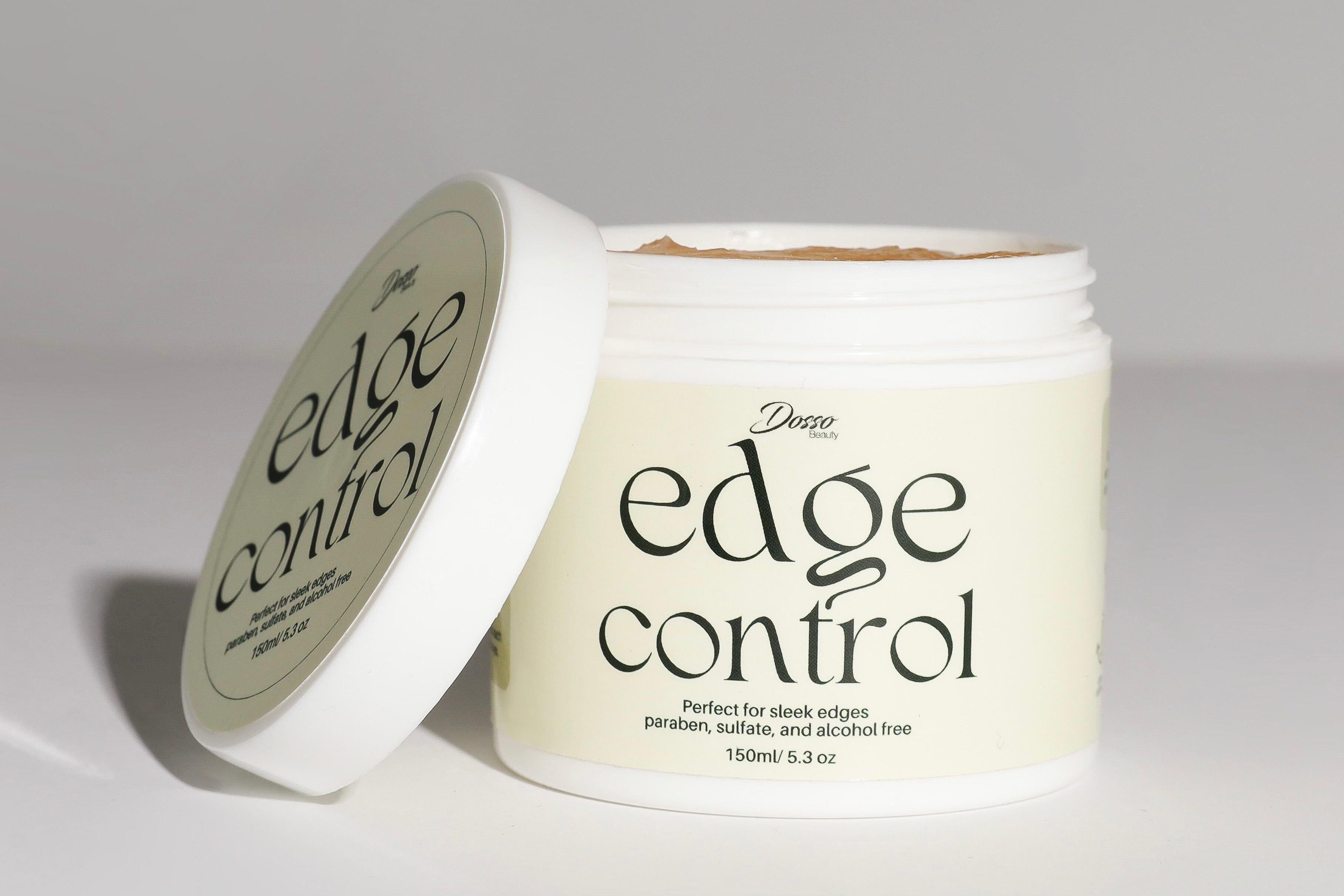 Open jar of Organic Edge Control for sleek, healthy edges, paraben-free, sulfate-free, alcohol-free hair styling product.