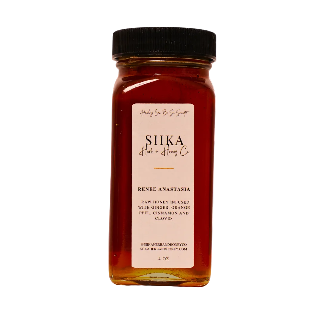 Orange Spice Honey by Renee Anastasia in a 4 oz jar, infused with ginger, orange peel, clove, and cinnamon for antioxidant-rich flavor.