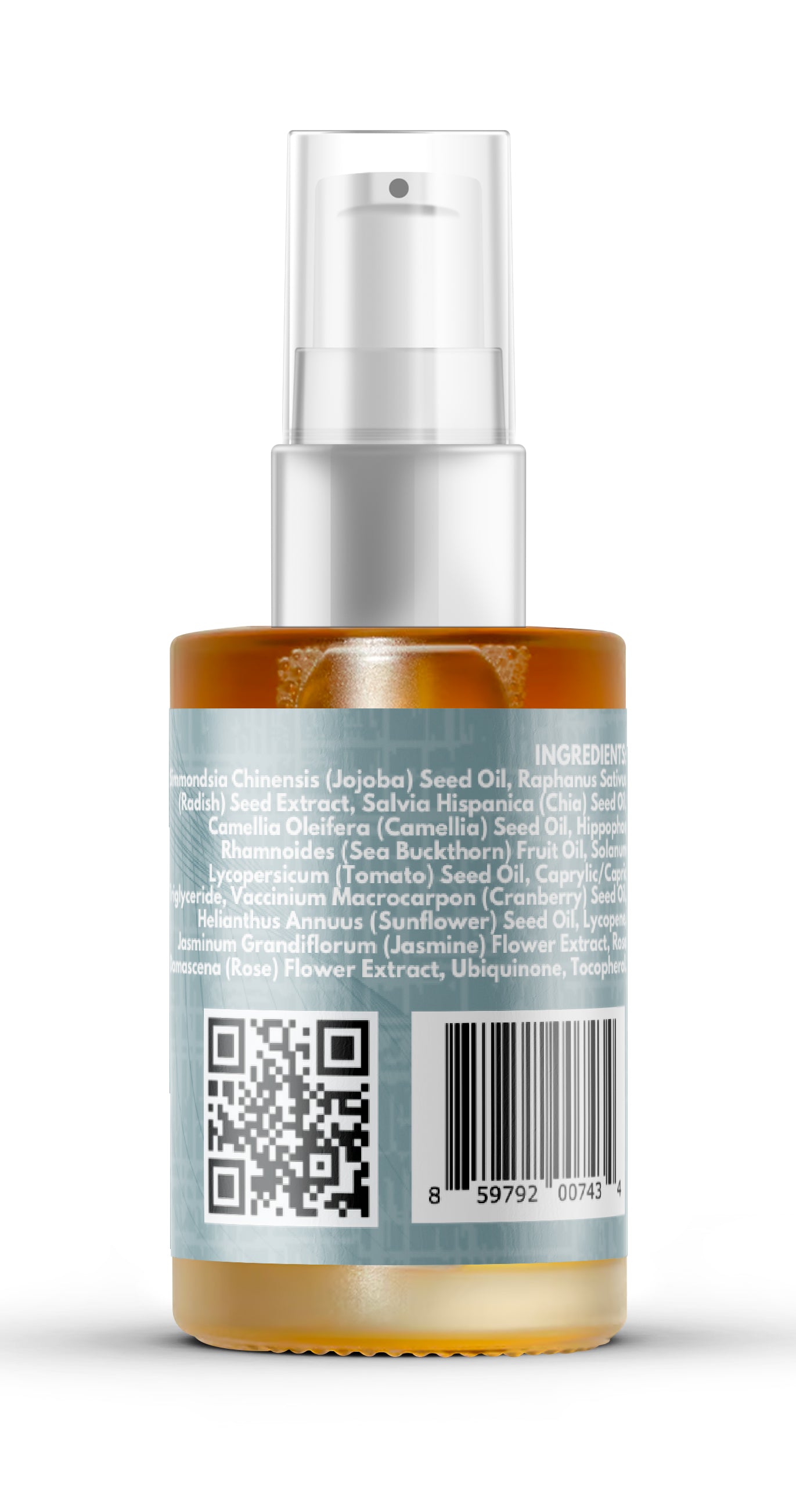 Bottle of Vegan Daikon Seed Face Oil with ingredients label and QR code for nourishing and hydrating skin care.