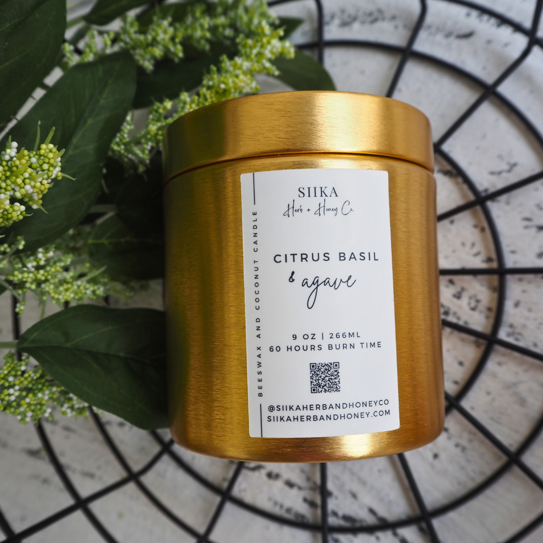 SIIKA Citrus Basil & Agave Beeswax Candle, gold tin, fresh herbal scent, sustainable wood wick, 9 oz clean burn.