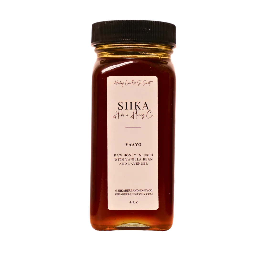 Jar of Yaayo Vanilla & Lavender Honey by Siika, infused with lavender buds and vanilla bean, 4 oz jar for culinary and skincare use.
